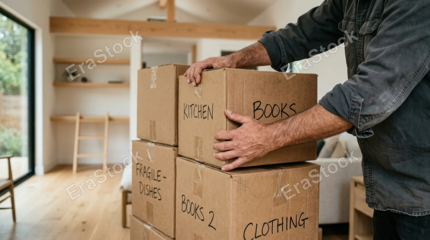 a focused shot of the mover's hands adeptly stacking boxes, with tactile details highlighting the texture of the cardboard and the precision of the action. the clean