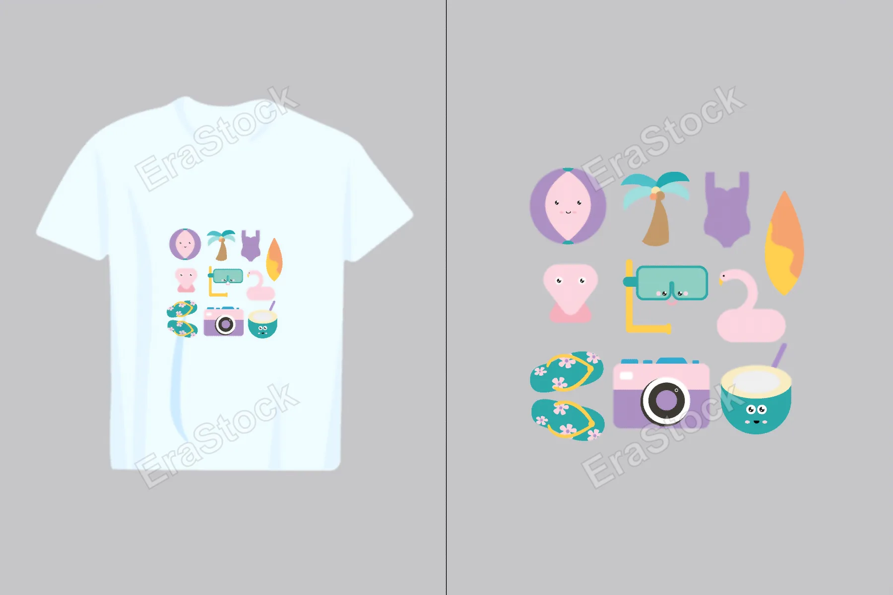 A collection of adorable cartoon-style summer vacation icons including a beach ball, palm tree, swimsuit, surfboard, flip-flops, camera, and coconut drink