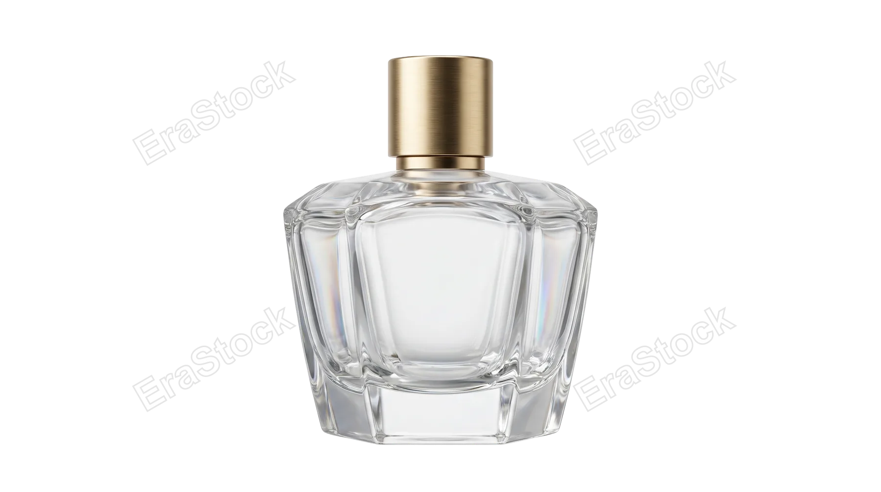 A luxurious, clear glass perfume bottle with geometric facets and a metallic gold atomizer cap is presented isolated on a clean white surface