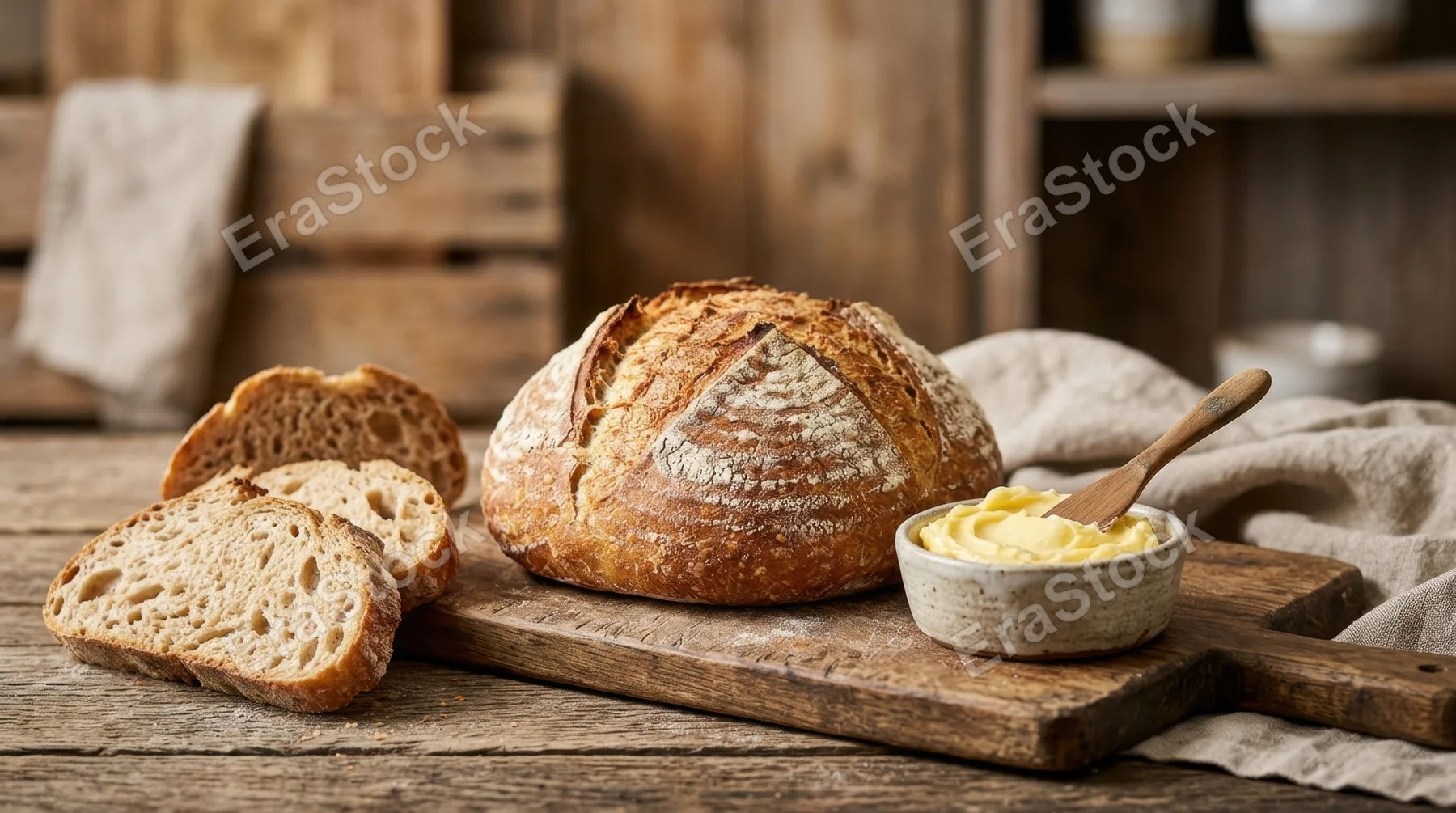 a graphic commercial composition focuses on the rustic lunch scene, emphasizing the round loaf of artisanal sourdough and the creamy cultured butter against a clean
