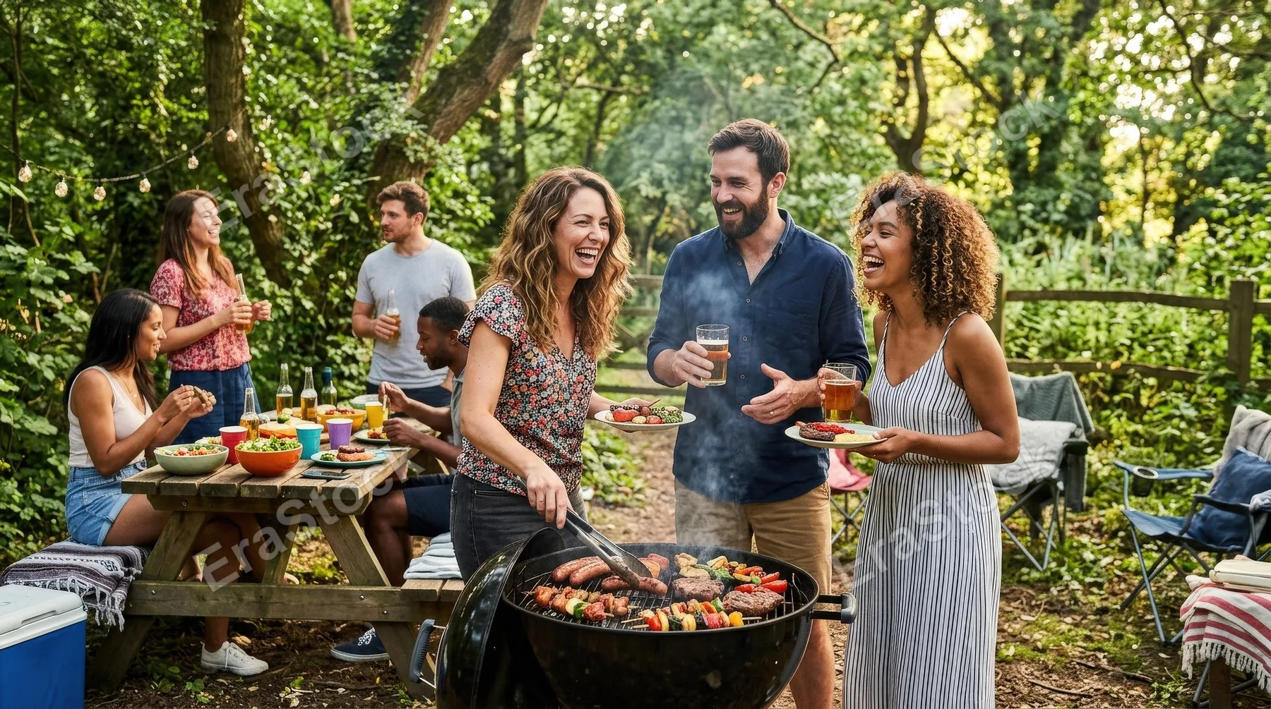 Friends enjoying a barbecue party in nature, grilled food, drinks, laughter, green outdoor setting, cheerful social atmosphere, ultra-realistic, no logos.