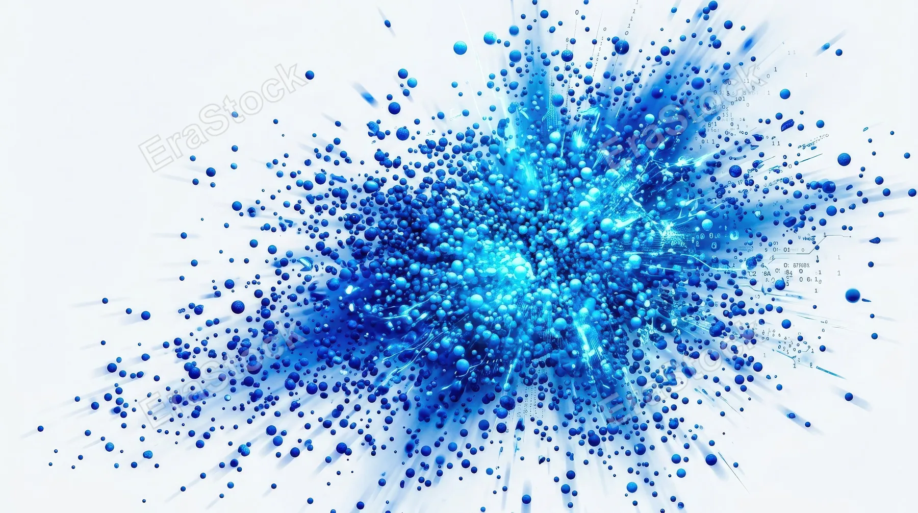 Blue particles exploding across a white background, flying round granules, gradient splash, science and data-flow energy, ultra-realistic, no logos.