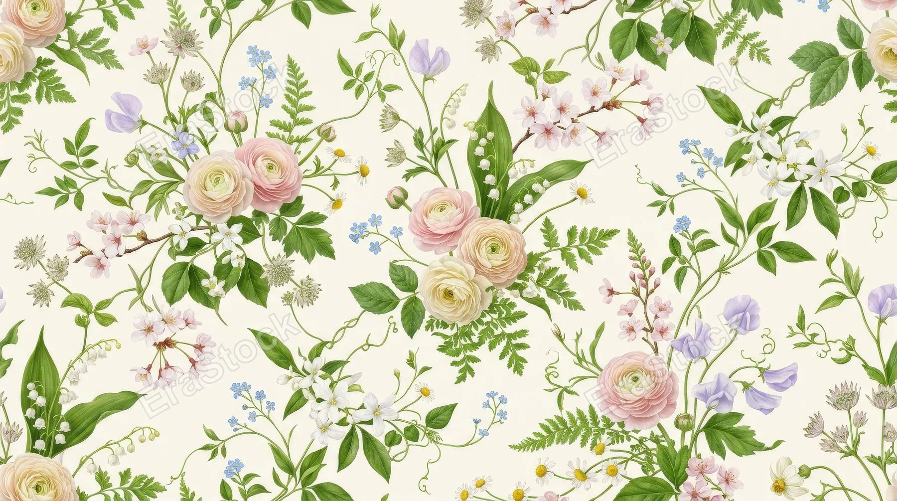 A seamless floral pattern with delicate spring flowers and green leaves, fresh natural detail and calm feminine atmosphere, ultra-realistic, no logos.