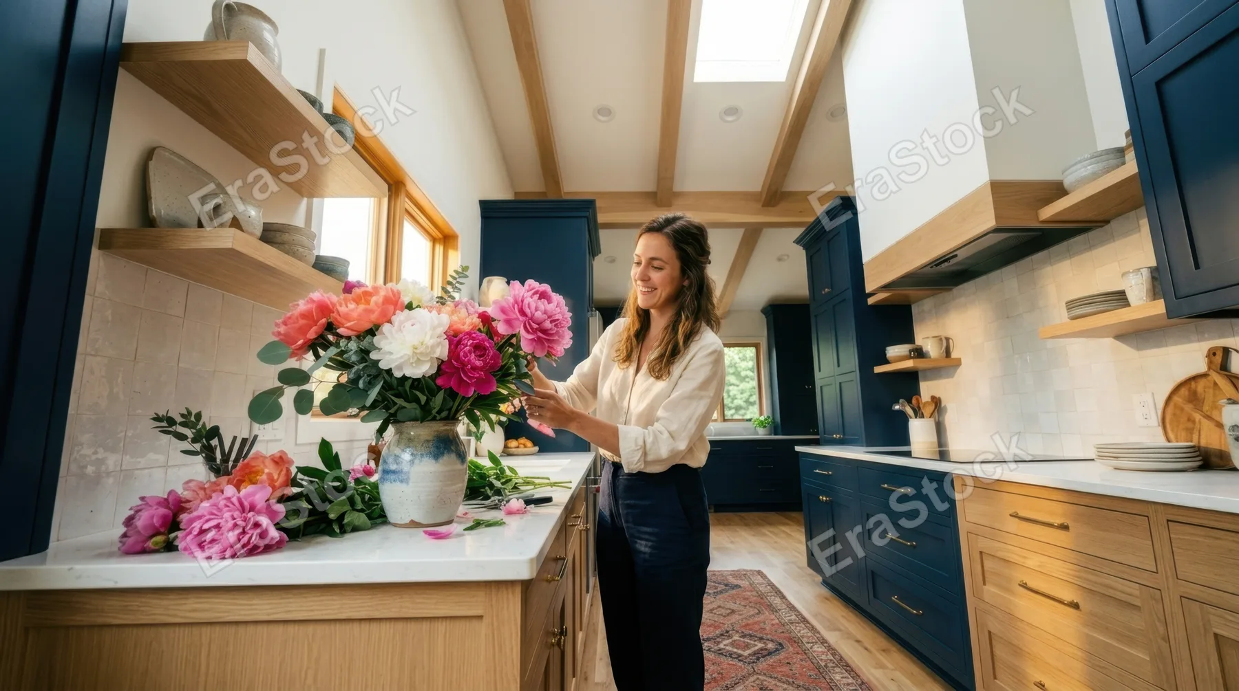 a low-angle view of the interior designer as she stands at the kitchen counter, gracefully arranging oversized peonies, with the navy cabinetry and light wood tones