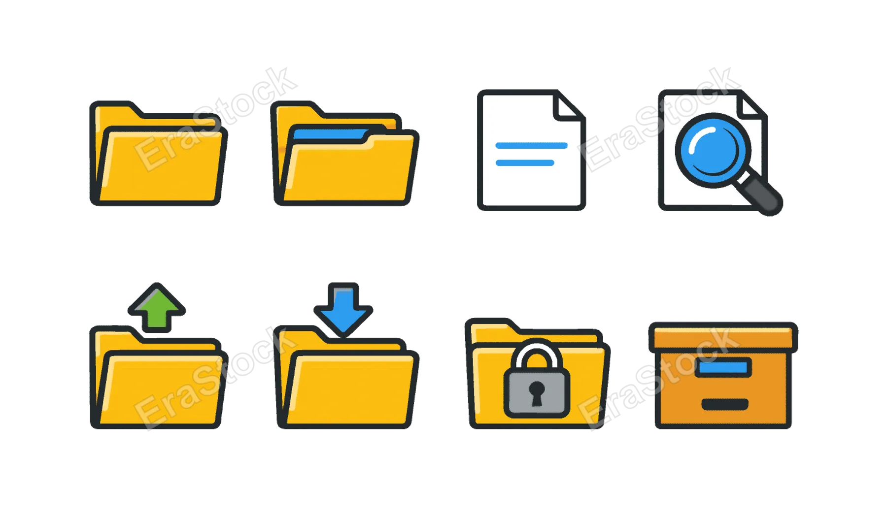 File management system: folder, open folder, file document, file search magnifying glass, upload to folder, download from folder, folder lock, archive box