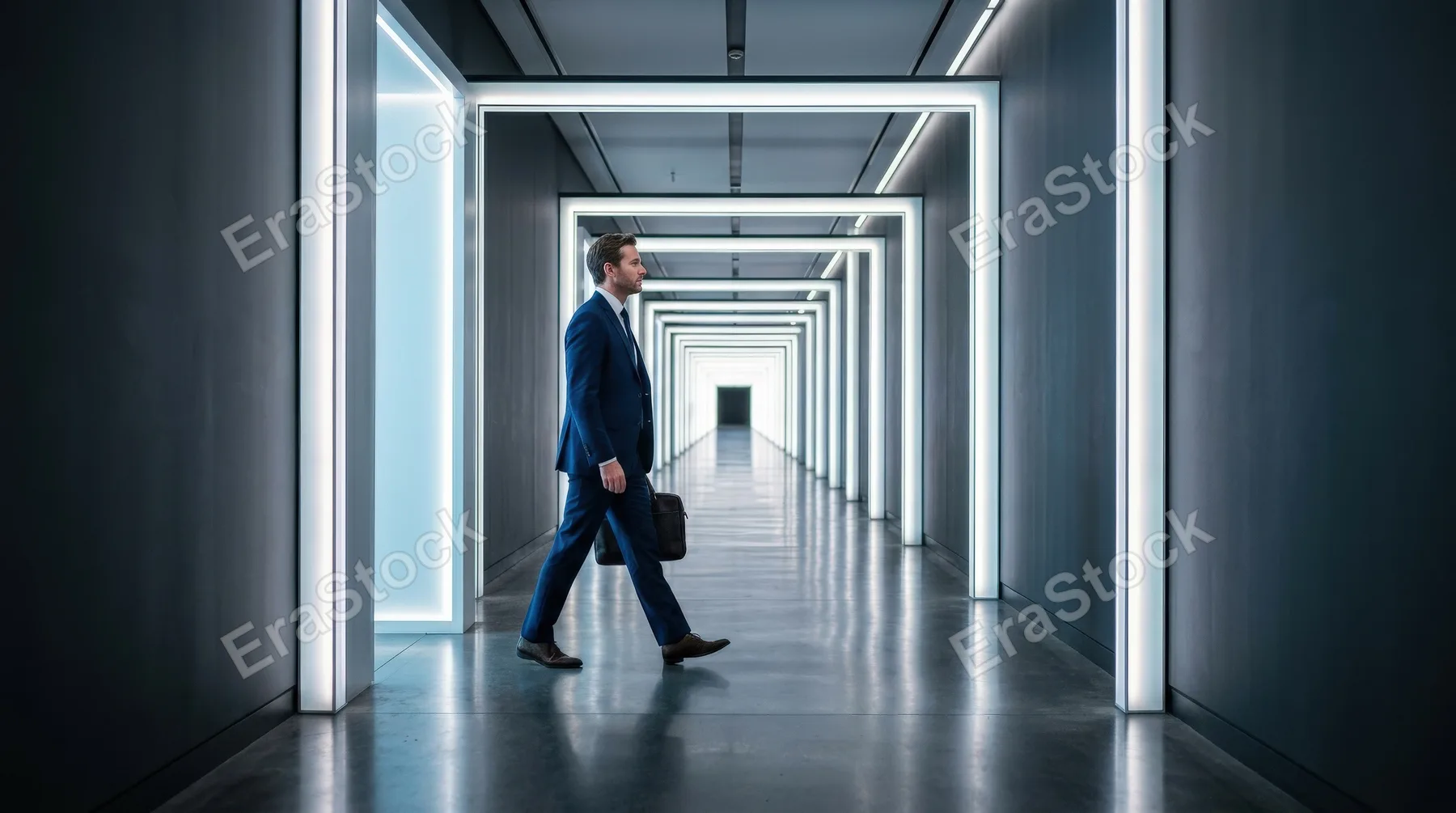 A man walking through multiple glowing doorways aligned in sequence, luminous thresholds and deep perspective, sleek minimal space, atmosphere of continuous professional progress, ultra-realistic, no