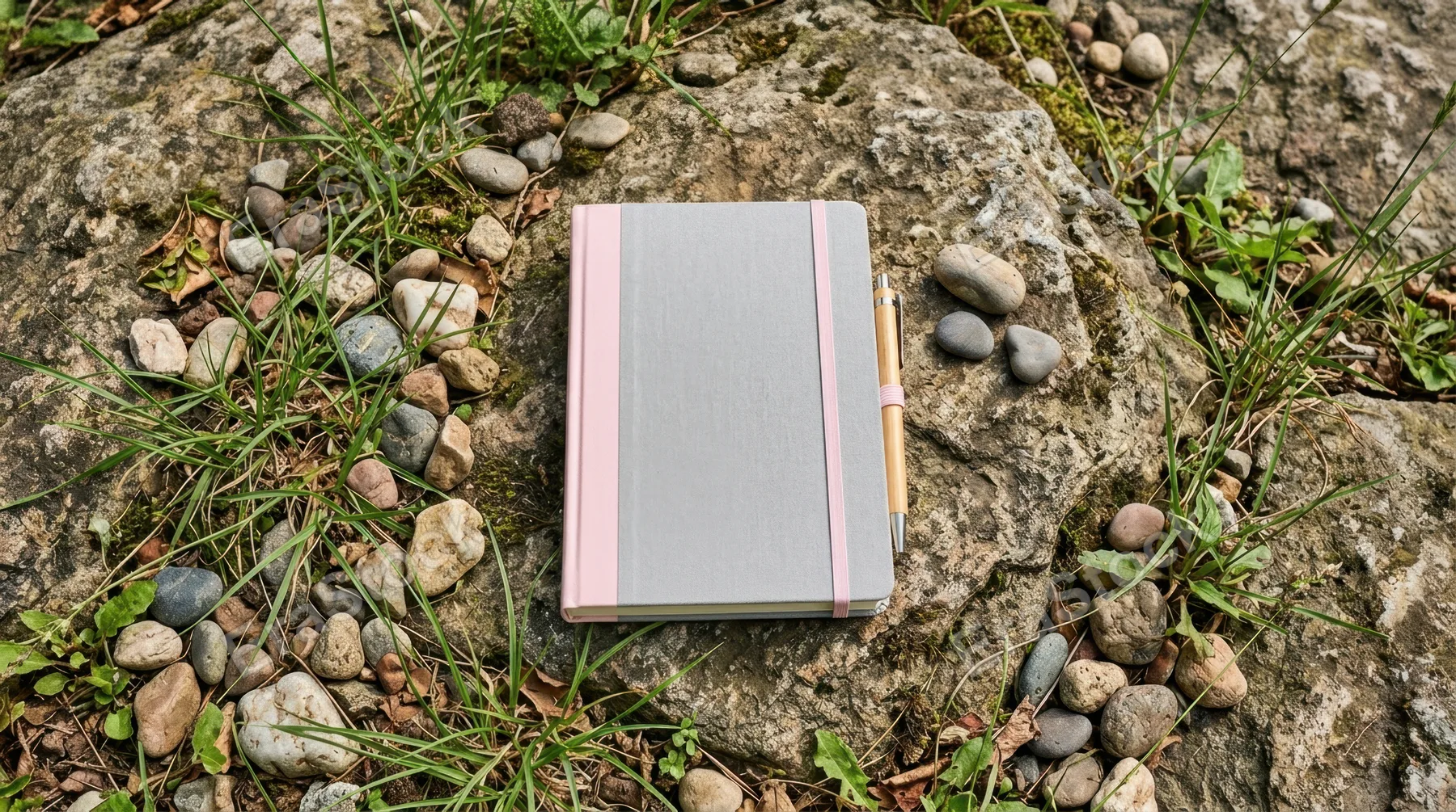 an overhead capture of the notebook on a rocky surface, surrounded by blades of grass and pebbles, emphasizing a fresh perspective. the natural light creates an inviting