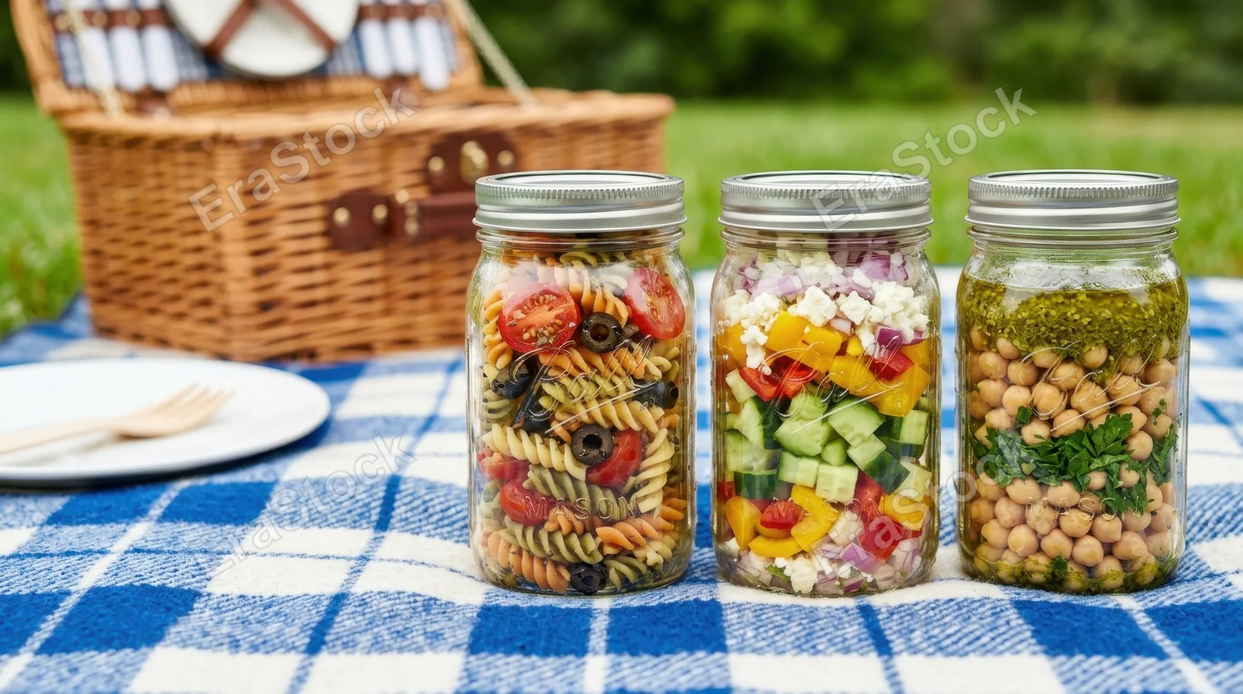 a bold, graphic composition highlights the colorful pasta salad ingredients within the glass jars, arranged neatly against the textured picnic blanket. the clean studio