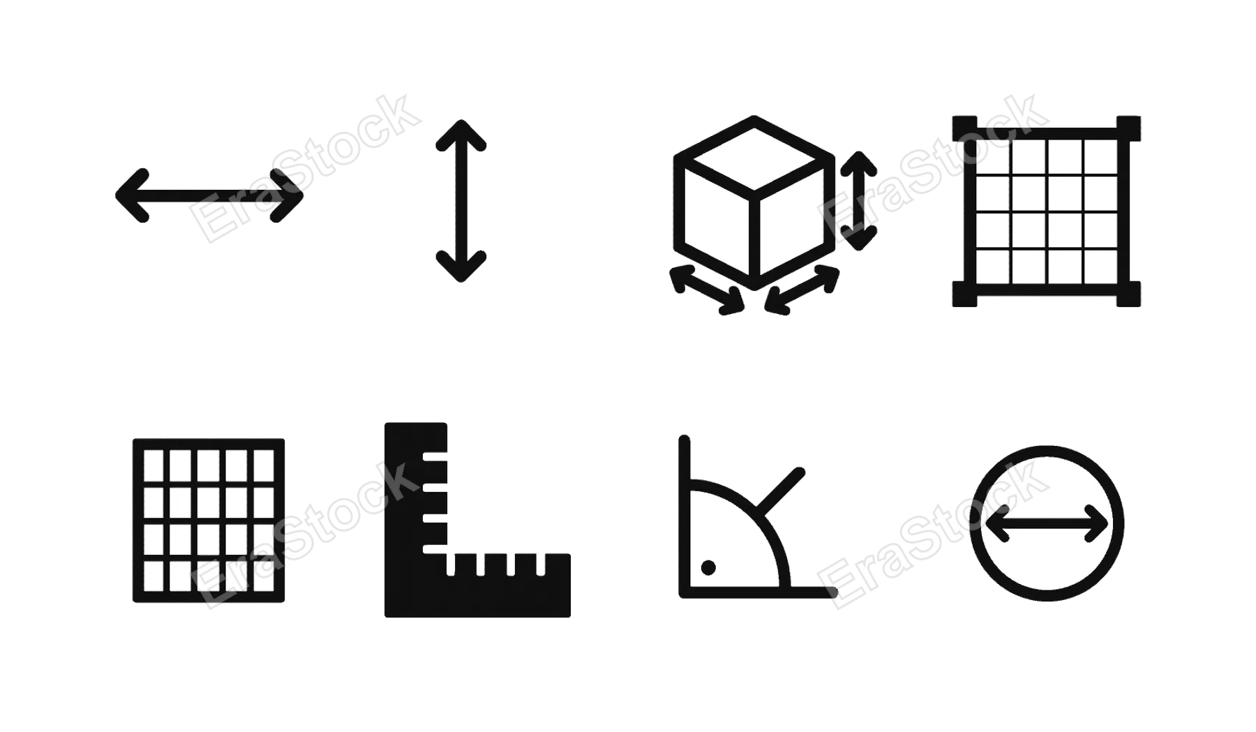 Dimension and sizing: width arrows, height arrows, depth cube, resize frame, grid measurement, dimension lines, angle indicator, precision mark.