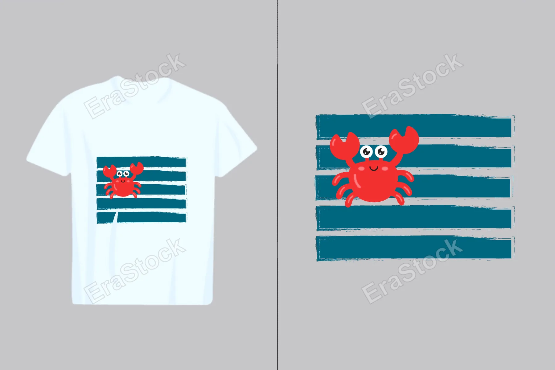 A cheerful red crab with big eyes is featured on a navy blue striped pattern, perfect for apparel and summer themes