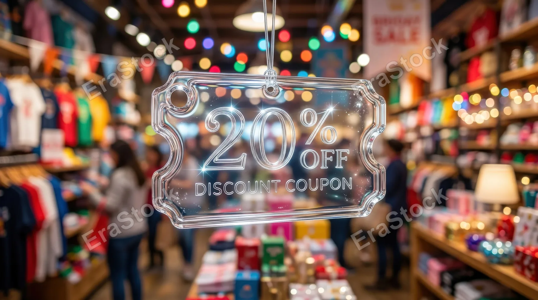 A liquid-glass discount coupon ticket icon with percentage detail, polished transparency and a vibrant retail-promotion atmosphere, ultra-realistic, no logos.