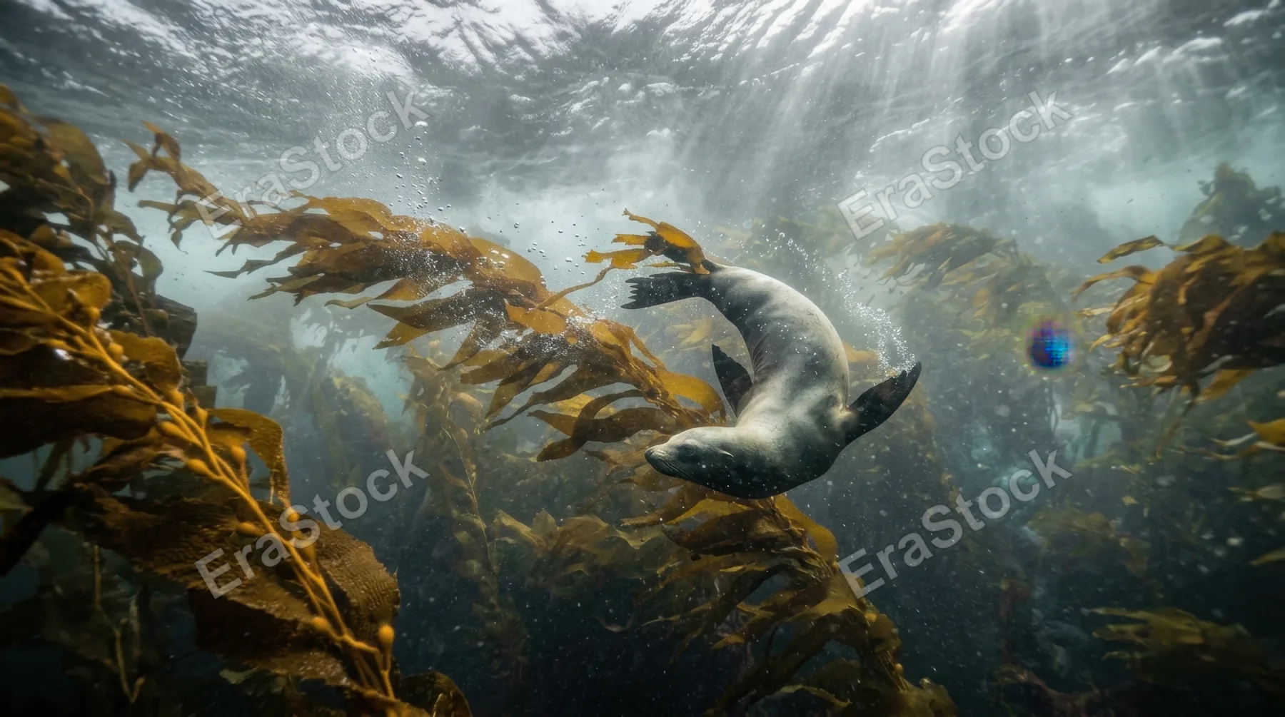A massive kelp forest during a storm surge, the fronds whipping horizontally in powerful current, air bubbles streaming from torn leaf edges, visibility reduced by