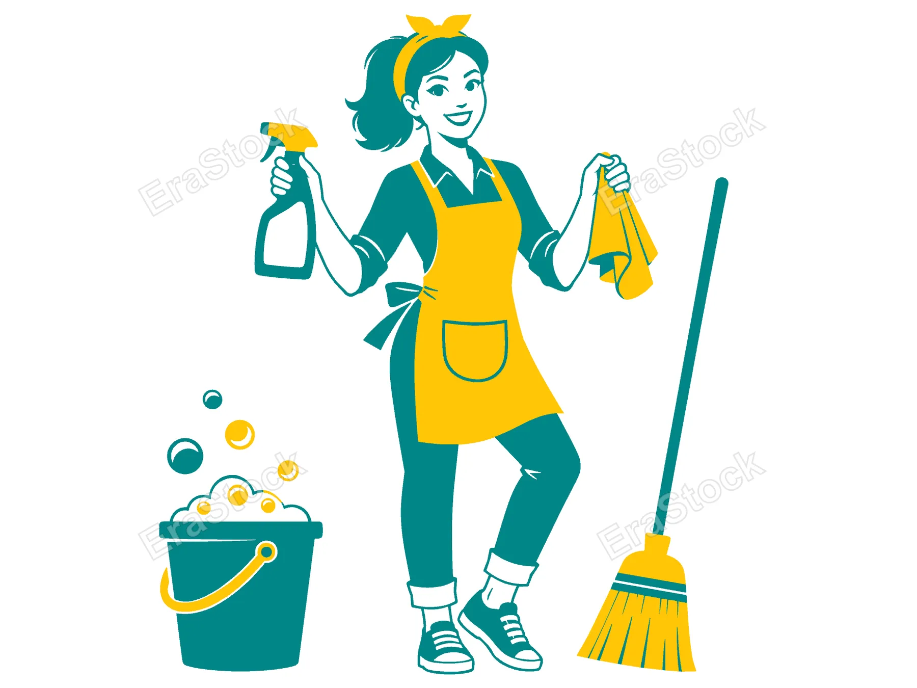 A cheerful woman with a bandana and apron stands with a spray bottle, cloth, broom, and bucket of suds, symbolizing household chores and tidiness