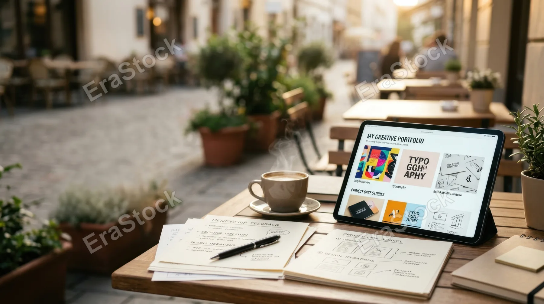 a compelling composition of the graduate's tablet displaying her portfolio, surrounded by neatly organized printed notes and a steaming cup of coffee, all set against the