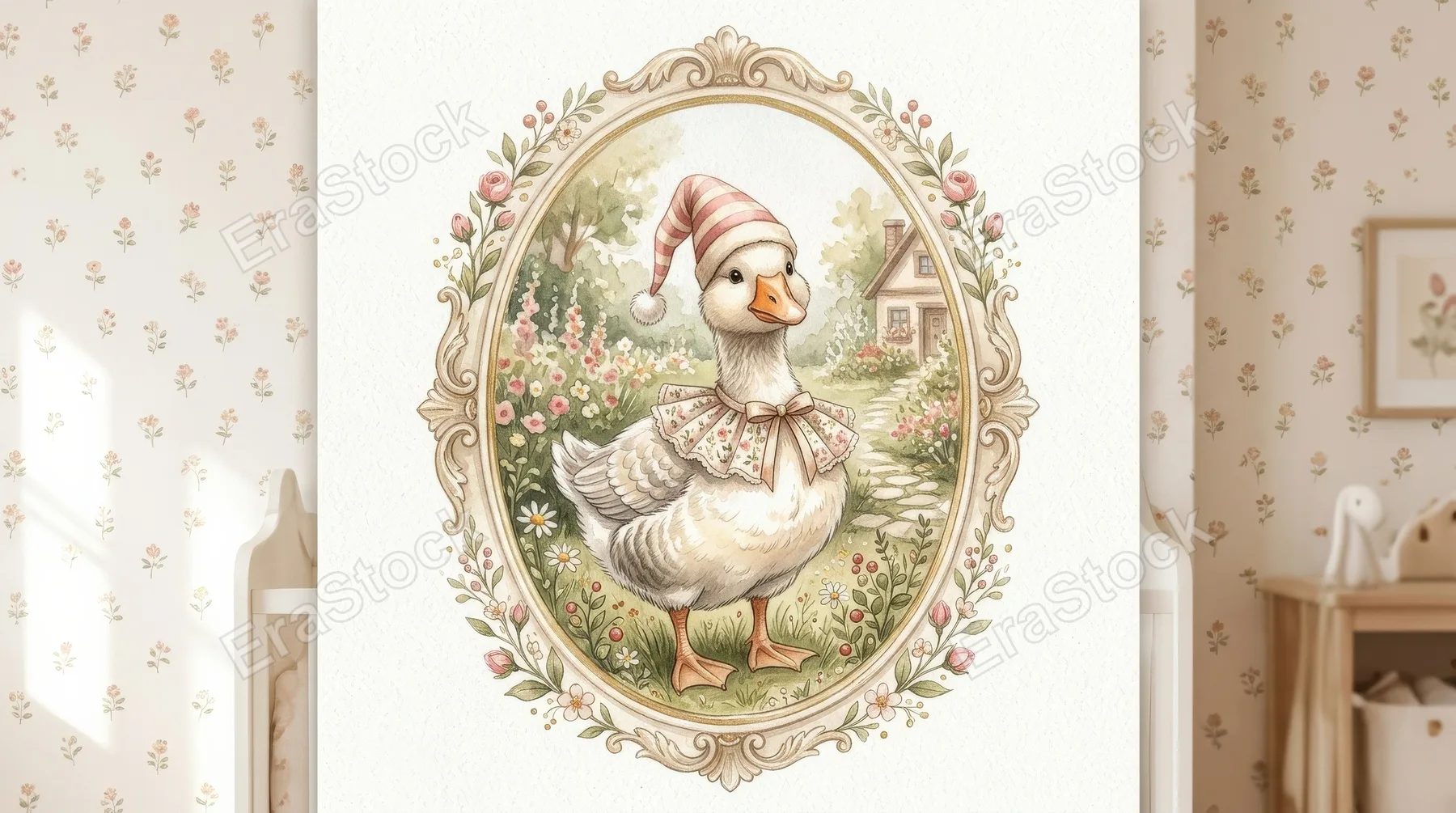 A cute goose illustration for a girl in an oval frame with festive hat and collar, beige cottagecore watercolor nursery mood, ultra-realistic, no logos.
