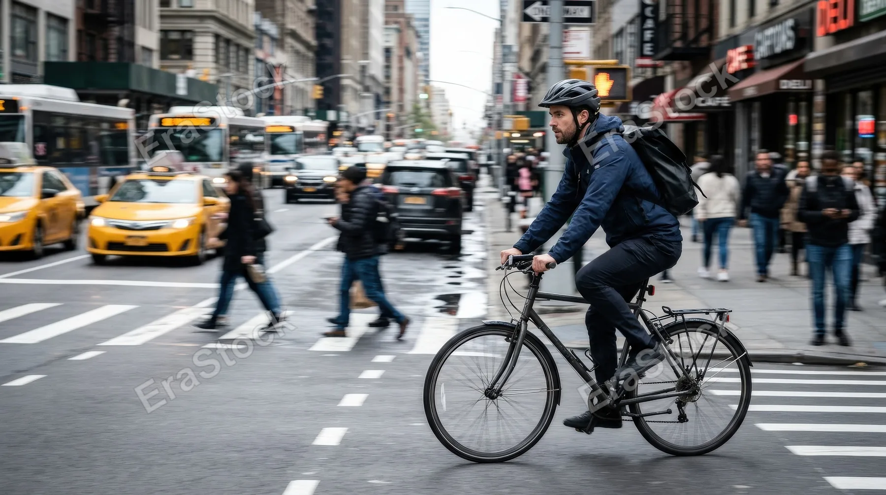 A focused man commuting on a bicycle through a busy city environment, motion in the background, urban streetscape, active eco-friendly lifestyle energy, ultra-realistic, no logos.