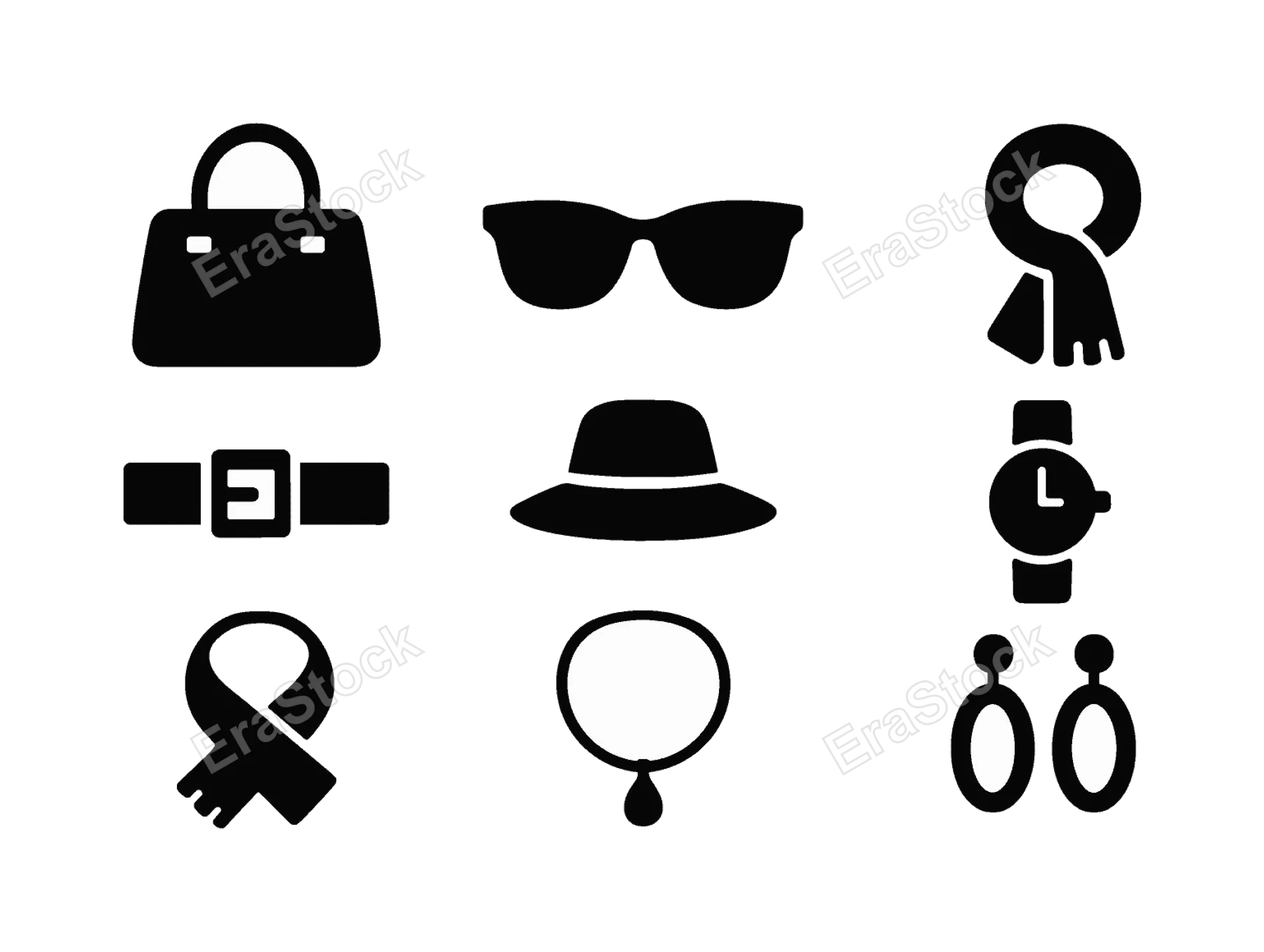 Fashion accessories set: handbag, sunglasses, hat, belt, scarf, watch, necklace, earrings.