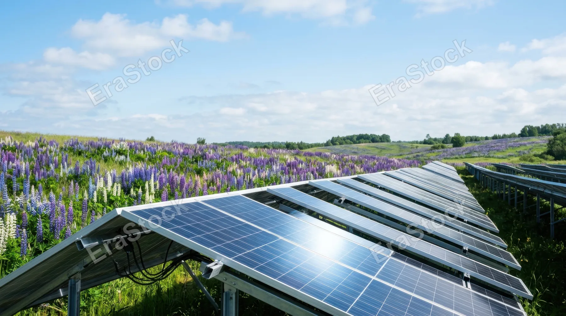 a graphic composition of rows of solar panels reflecting bright sunlight, showcasing a clean, minimalistic design with generous negative space that can accommodate text