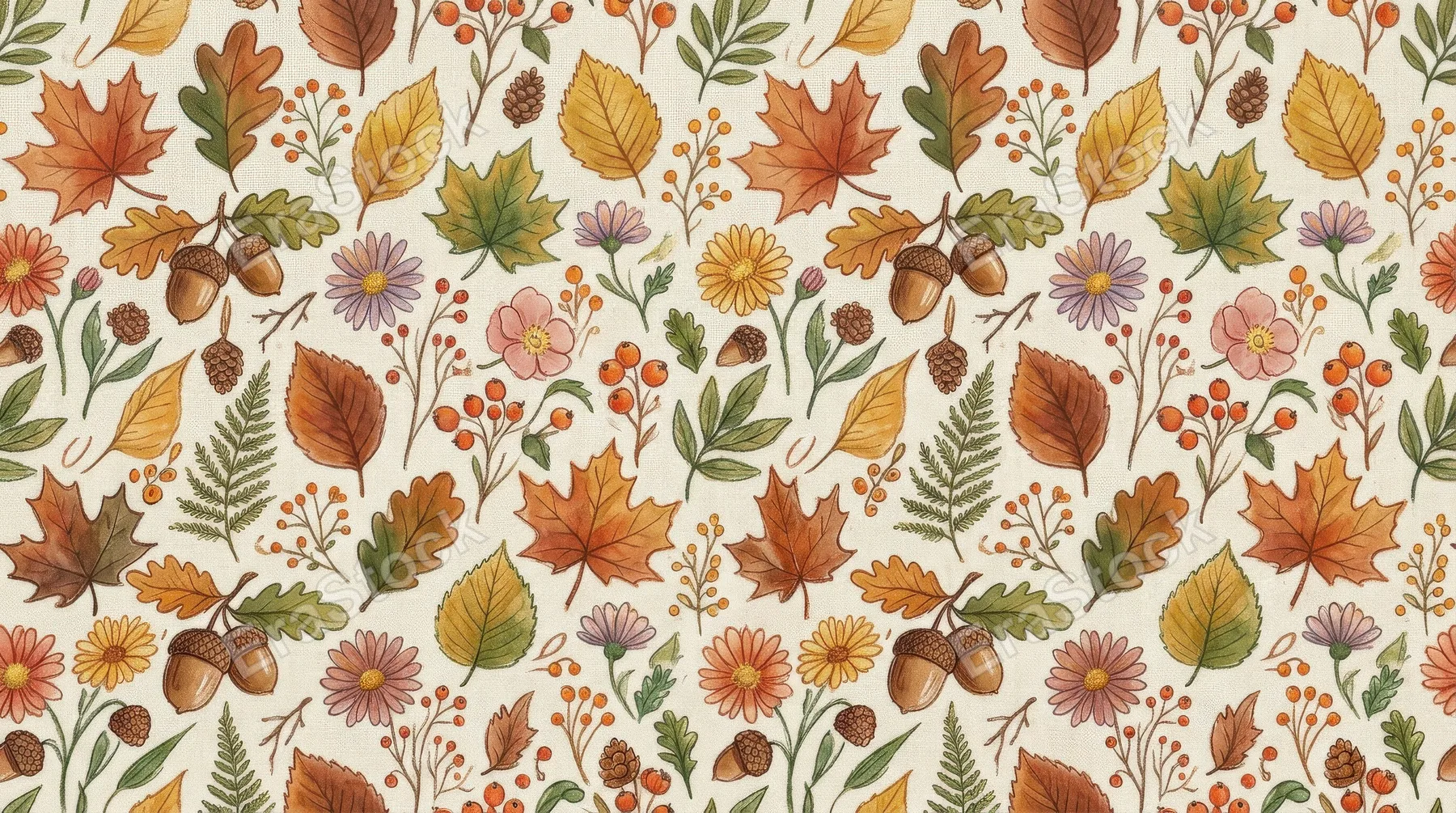 A seamless autumn leaf pattern with acorns, flowers and forest foliage, soft watercolor-like tones and cute crayon doodle warmth, cozy fall mood, ultra-realistic, no logos.