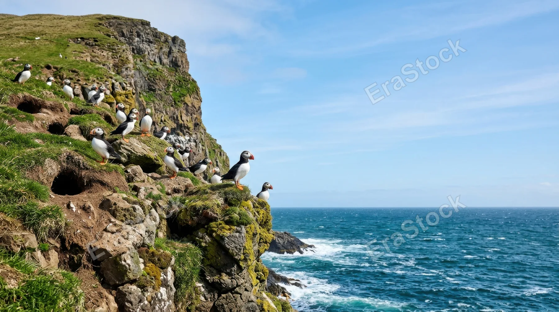 a bold, clean composition of puffin nesting sites amongst the rugged cliffs, intentionally captured with generous negative space for text overlay, emphasizing the natural
