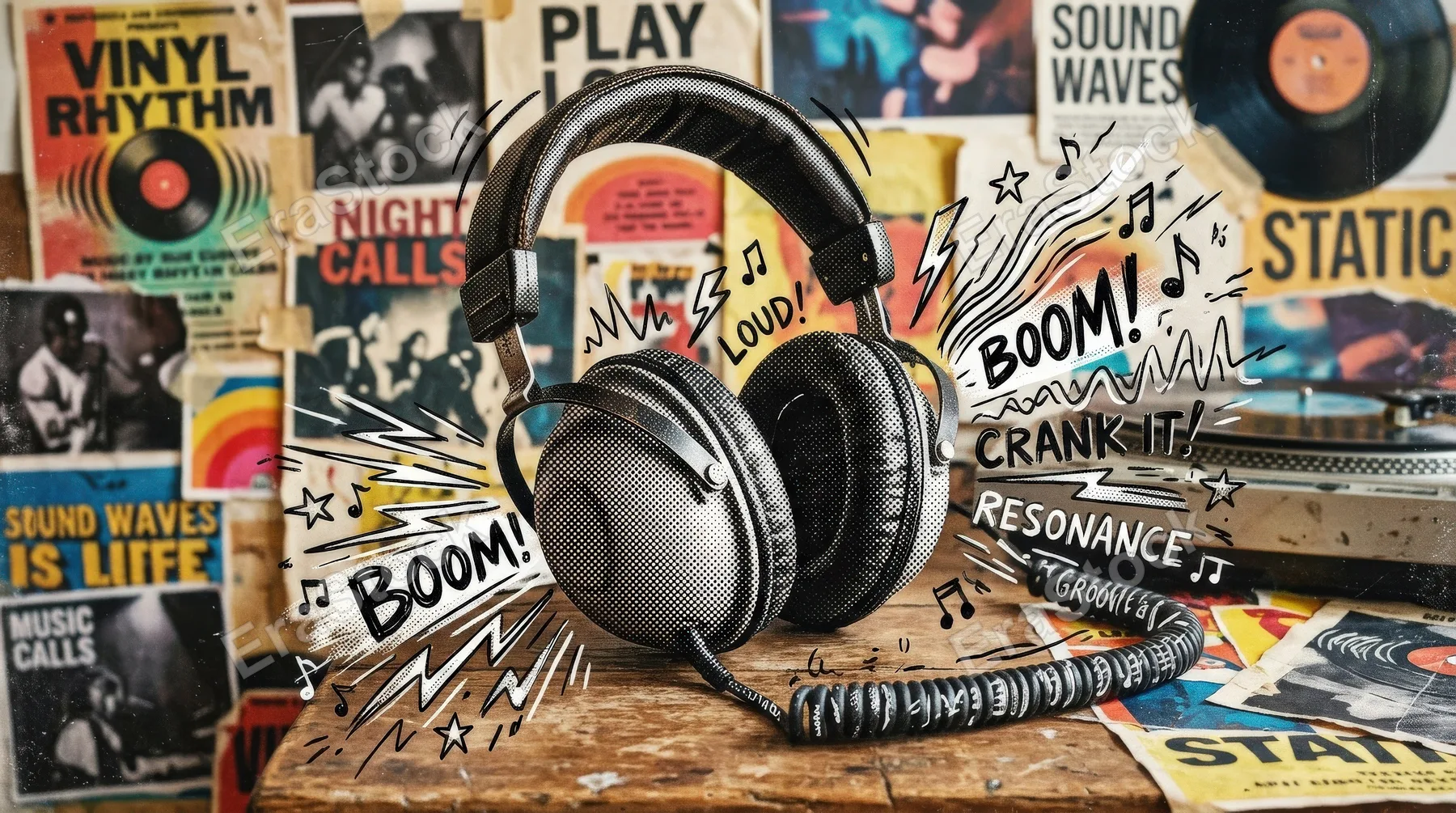 Vintage halftone headphones with doodled sound accents, modern retro music collage styling, energetic audio-inspired mood with gritty charm, ultra-realistic, no logos.