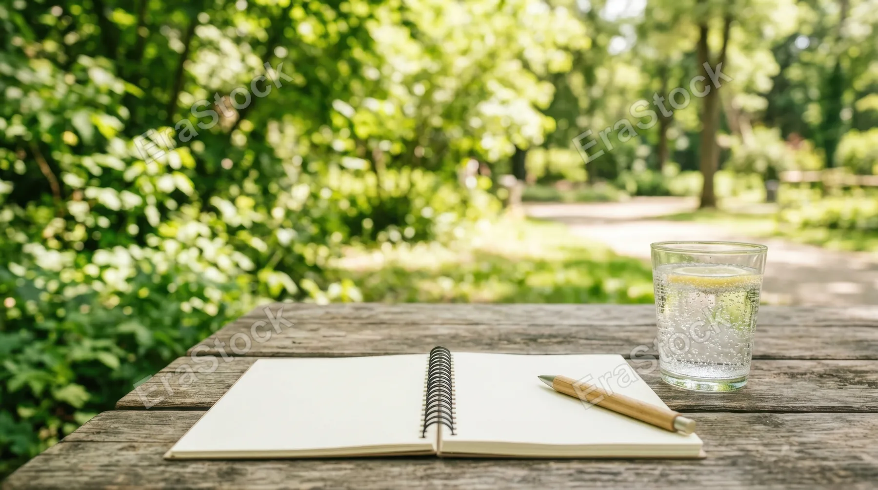 a clean commercial composition featuring an open notebook and a glass of sparkling water on a rustic park table, designed to draw attention with minimal distractions.