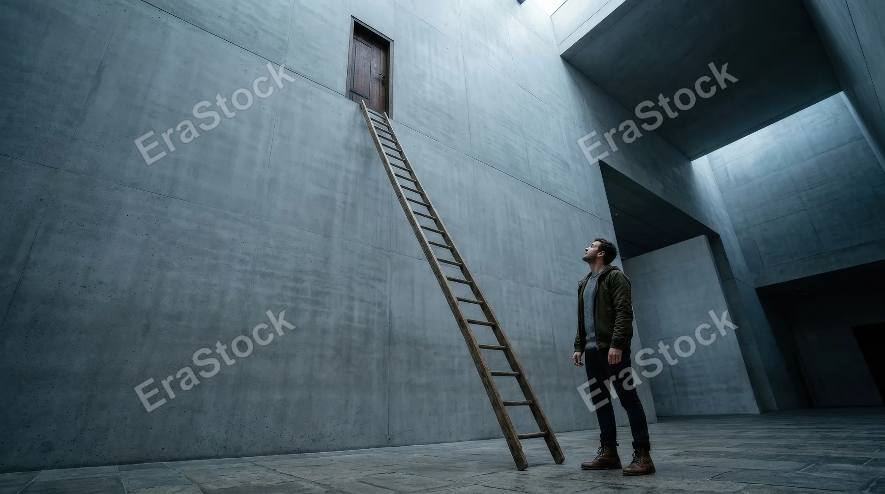 A man gazing up at a high door reachable only by a long ladder, vast smooth wall, dramatic scale, cool shadows and an aspirational atmosphere of high goals and career ambition, ultra-realistic, no