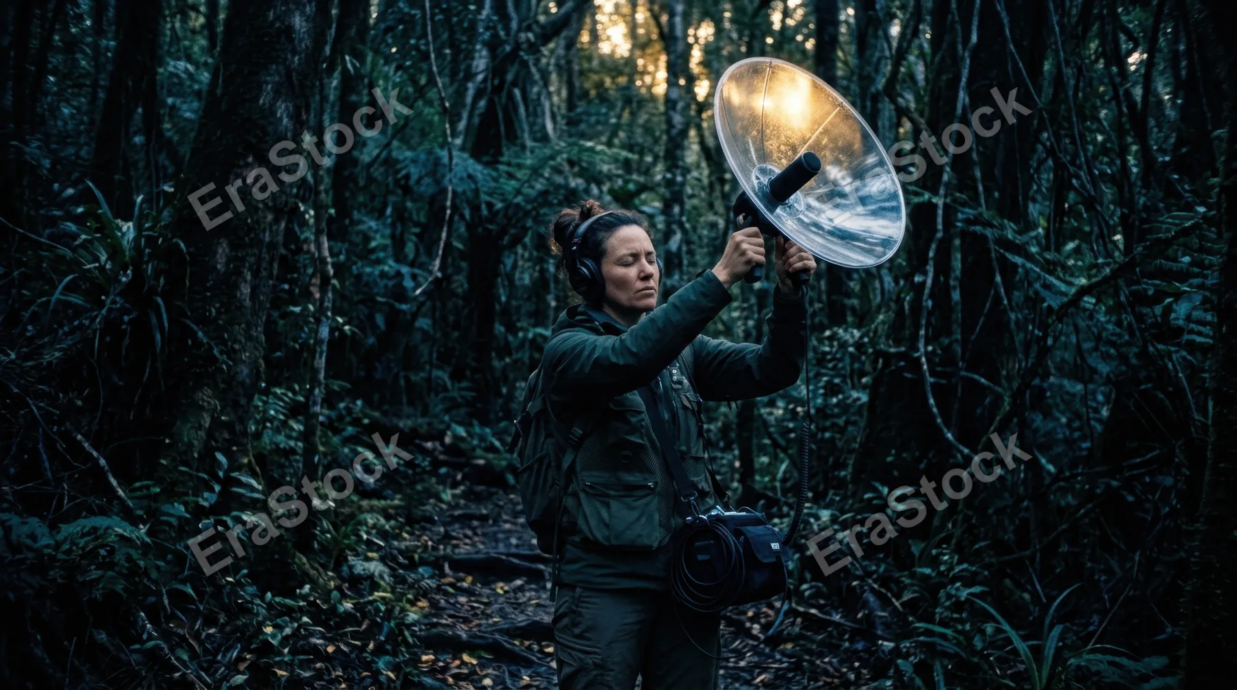 A bioacoustics researcher alone in a rainforest interior at dawn, headphones on and eyes closed, arms slightly raised holding a parabolic dish microphone toward the