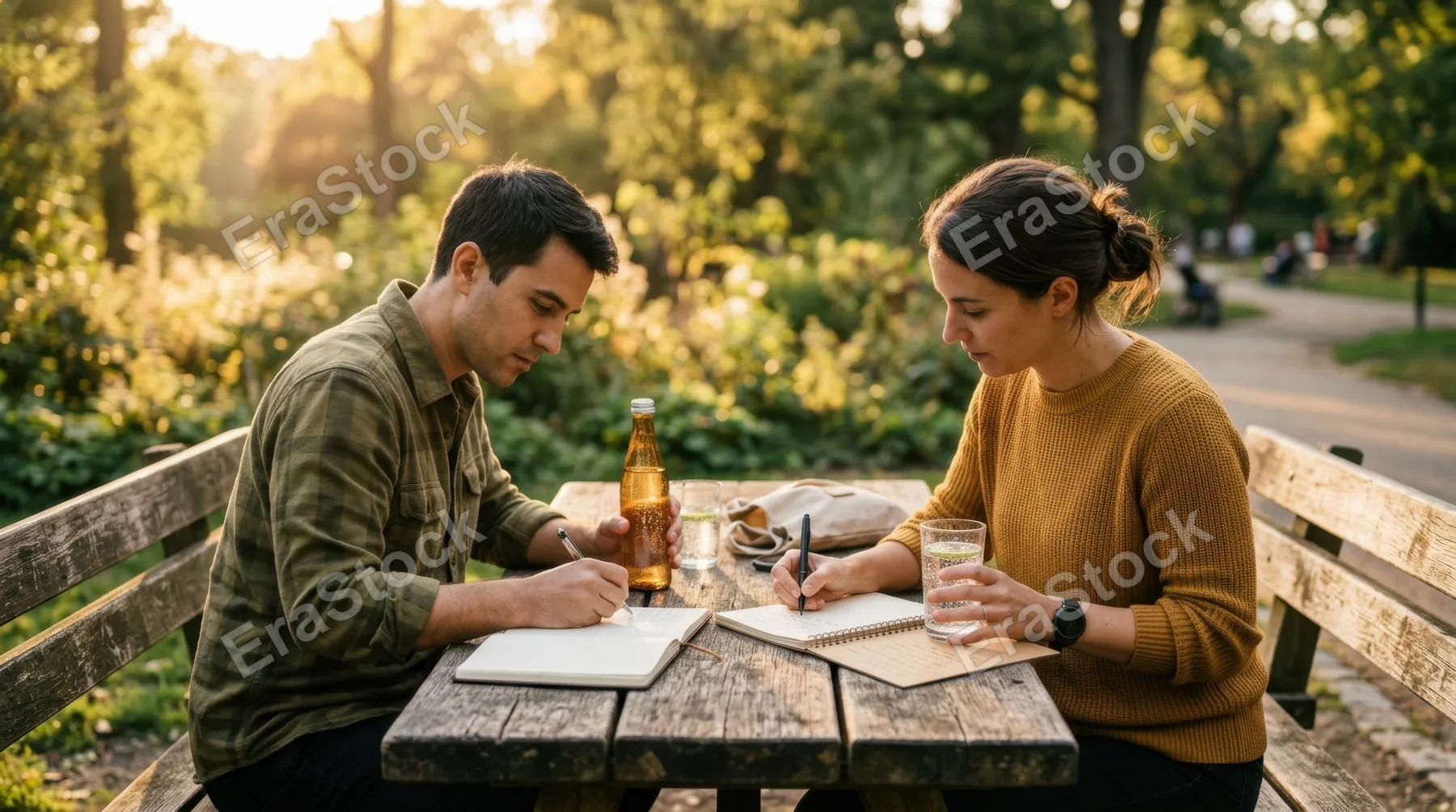 a side angle view of two coworkers at a rustic park table, with notebooks open and sparkling water in hand. the shot captures moments of engagement as they jot down notes