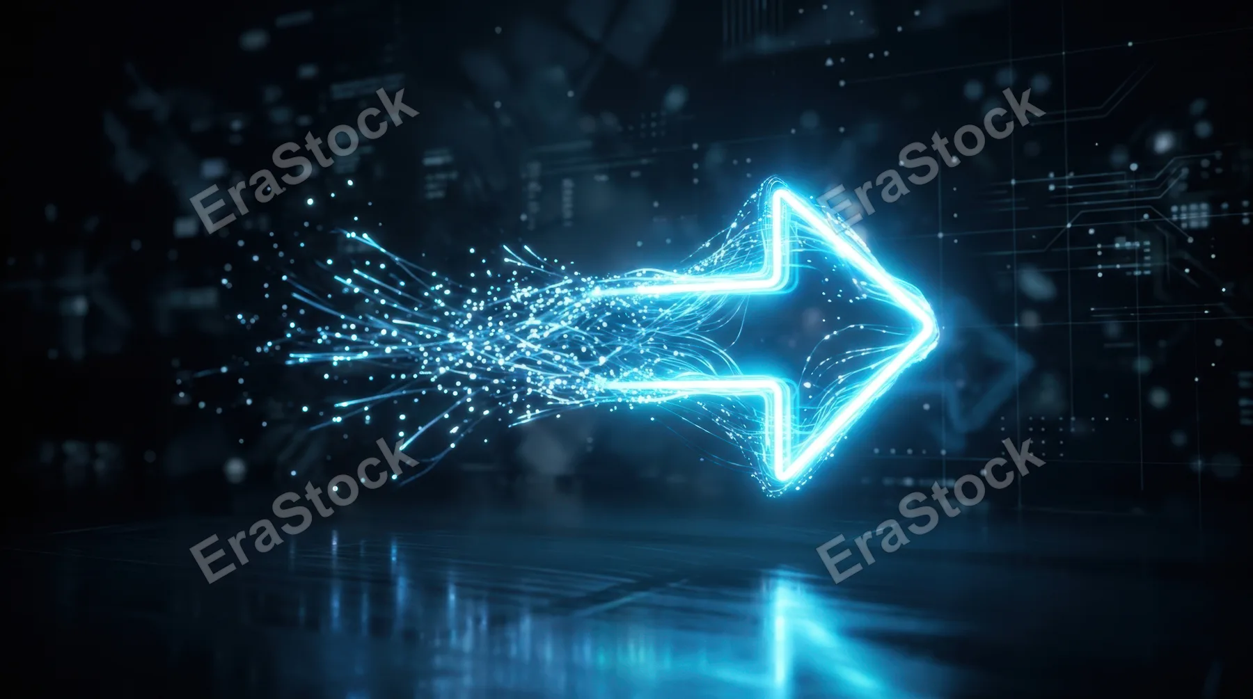 A bright neon arrow forming mid-air with light particles assembling into its shape, suspended in a dark abstract environment, soft glow radiating outward, subtle