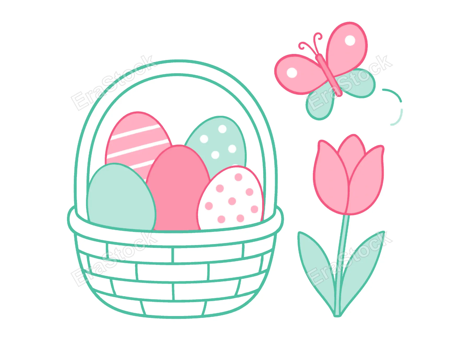 A charming illustration featuring a woven basket filled with pastel-colored Easter eggs, a single pink tulip, and a playful butterfly in flight