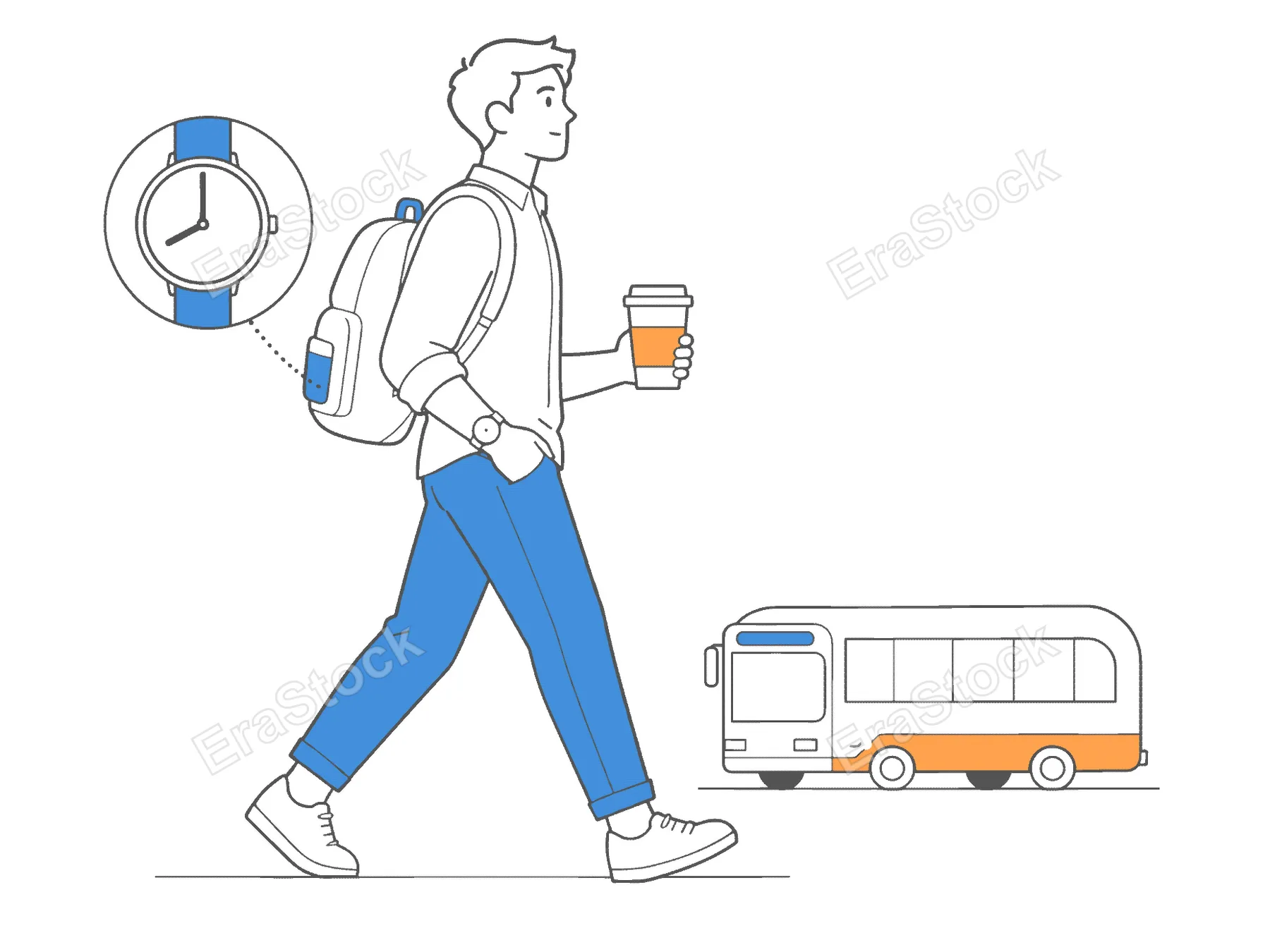 A young man in casual attire is depicted walking with a backpack and a coffee cup, glancing at his wristwatch as a bus approaches