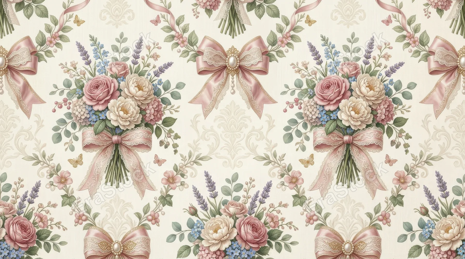 A coquette seamless pattern with damask bows and classical vintage bouquets, feminine floral elegance for wallpaper and fabric, ultra-realistic, no logos.