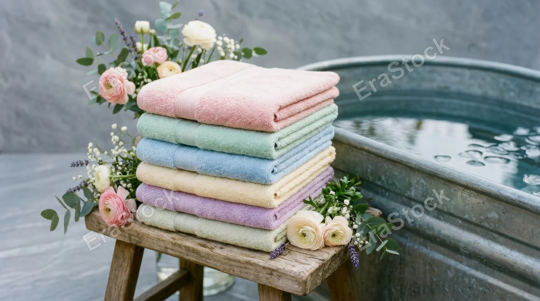a tight focus on a beautifully arranged selection of pastel towels stacked neatly beside the galvanized cold plunge tub, with fresh flowers peeking through. this intimate