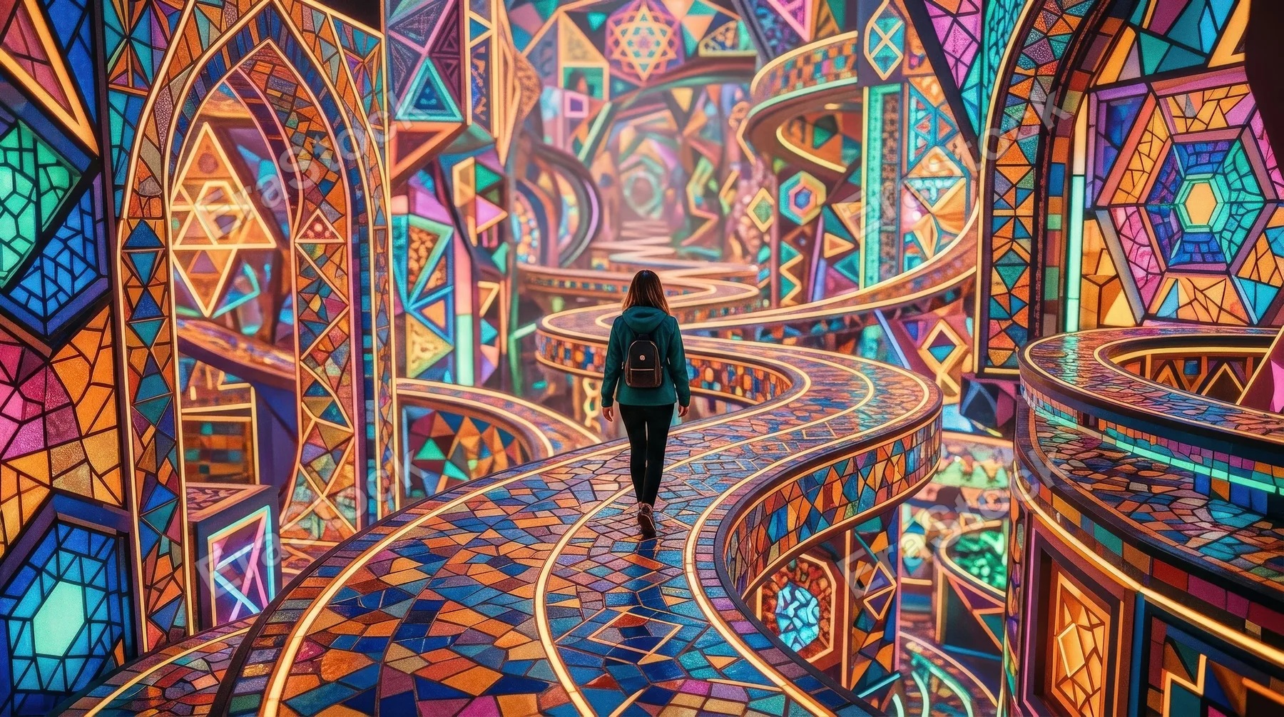 A lone person navigating colorful winding pathways in an abstract artistic space, vivid geometric patterns, surreal depth, radiant hues and immersive composition, dreamlike creative atmosphere,