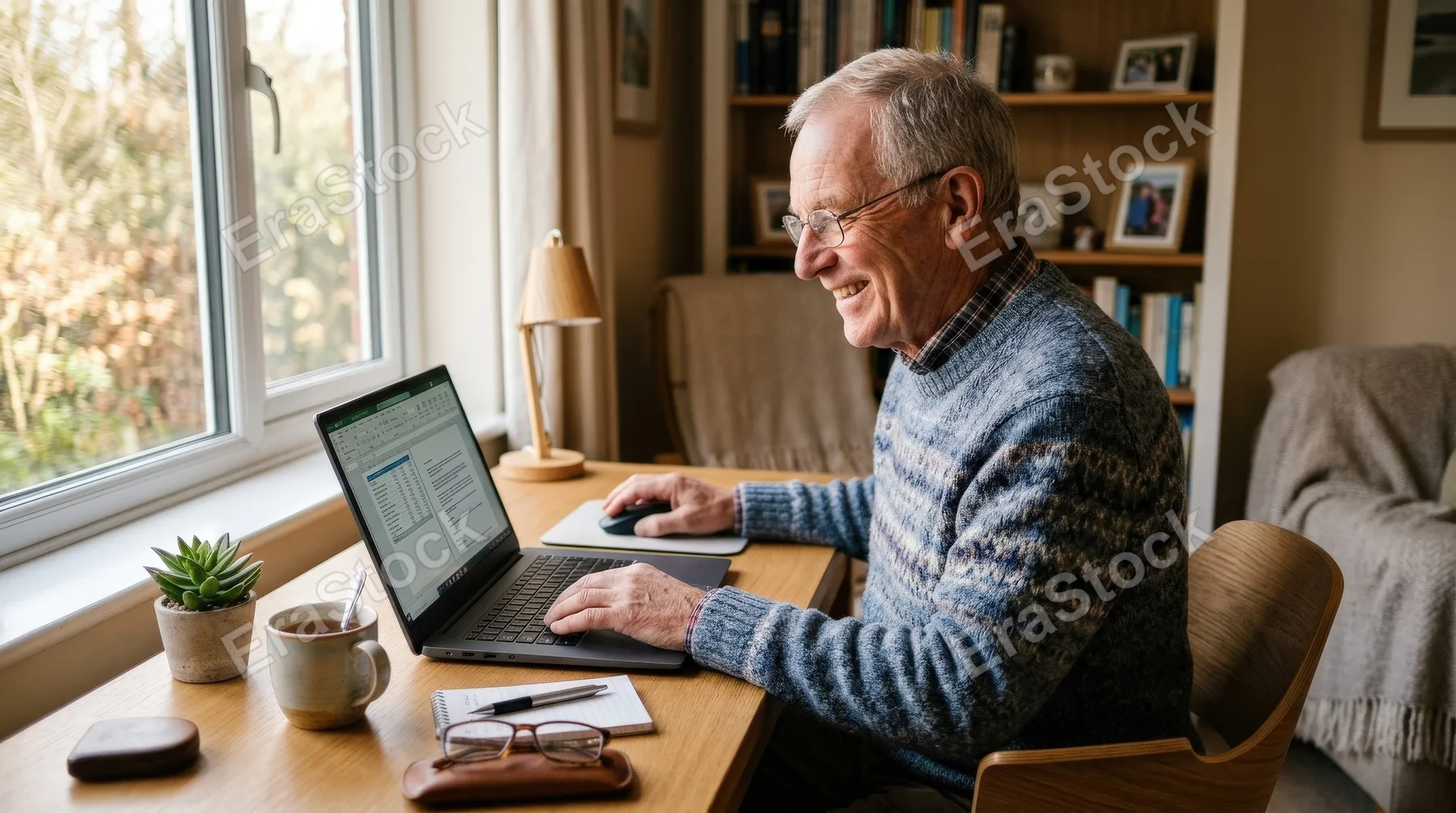 A cheerful senior man working on a laptop at a home office, bright smile, tidy desk, warm daylight through the window and calm productive atmosphere, ultra-realistic, no logos.