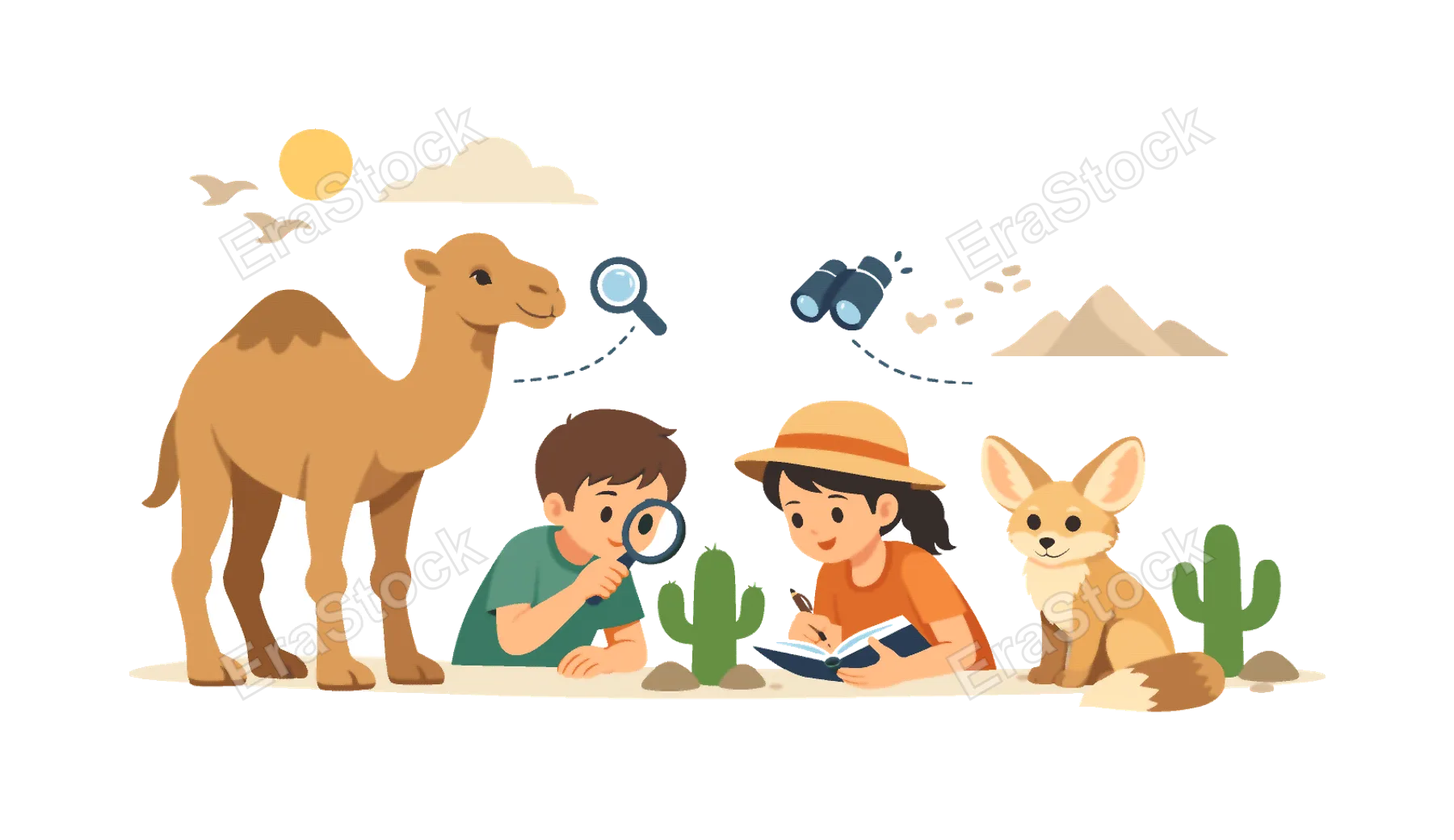 A wildlife nature learning scene inspired by educational chalkboard drawings used to teach children about desert ecosystems, represented with chalk style illustrations of a camel