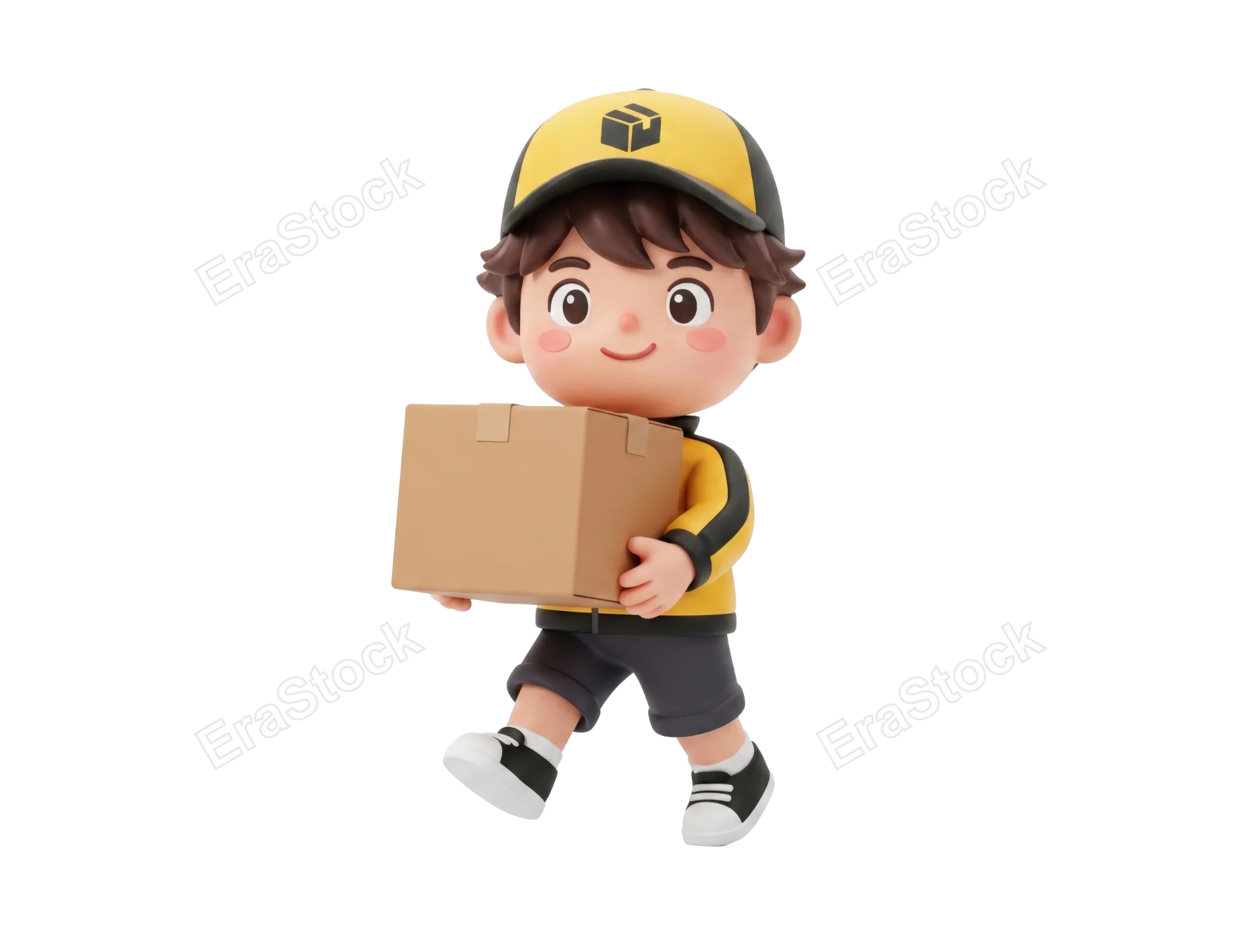 A cheerful 3D animated courier character in uniform walks forward holding a package, ready for delivery