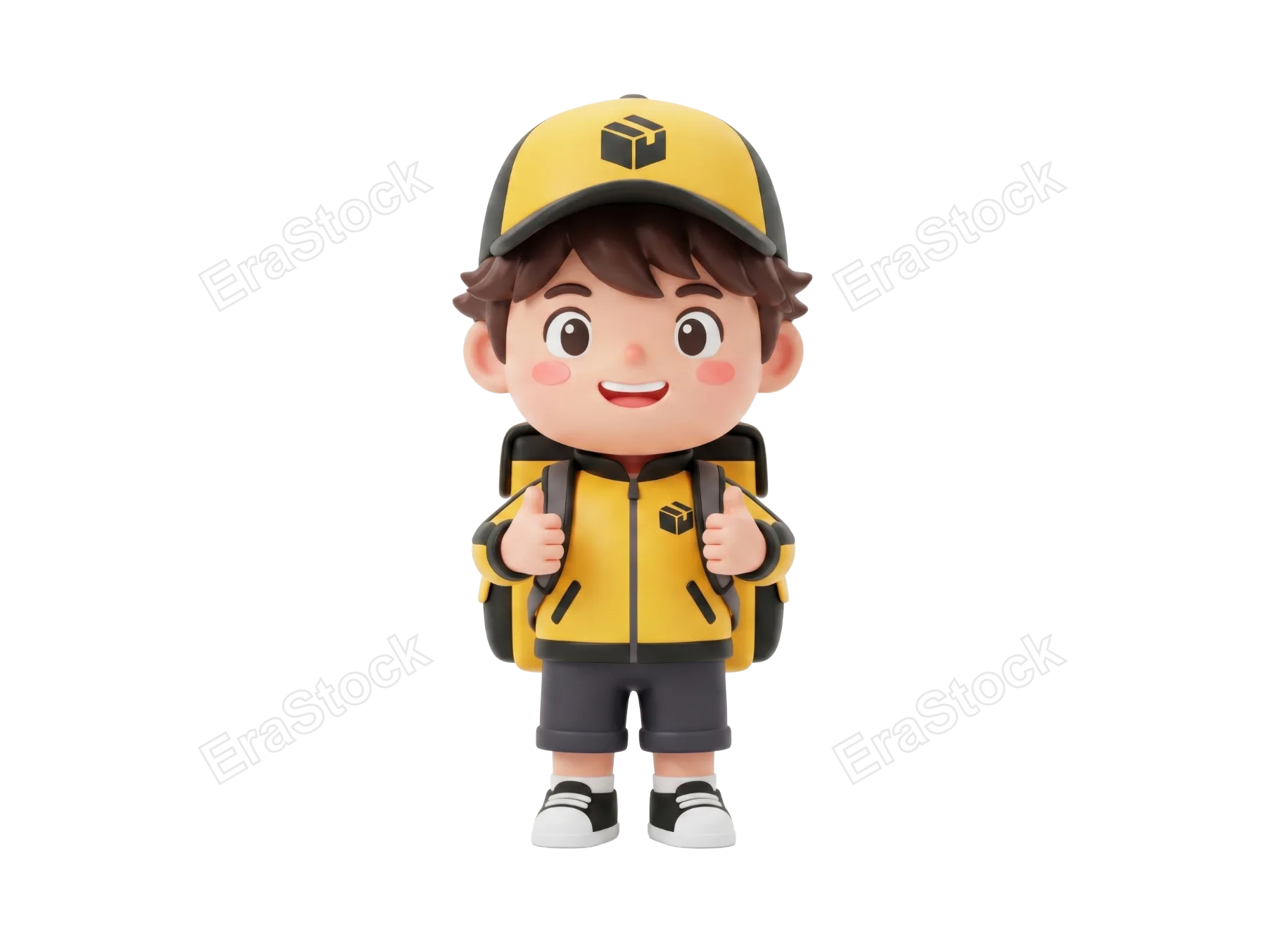 A cheerful 3D animated delivery person in a yellow uniform and cap with a backpack gives a positive thumbs up gesture