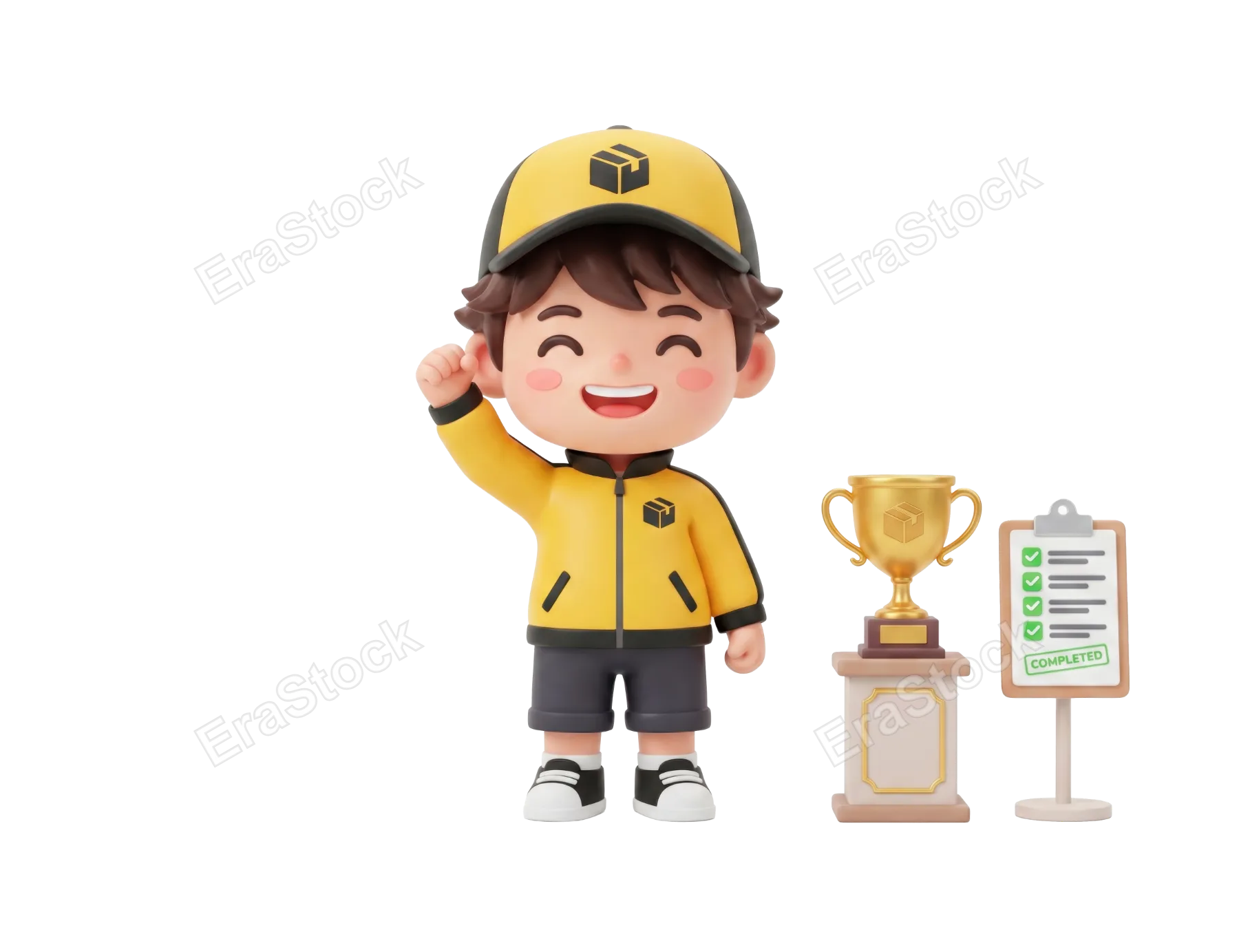 A cheerful 3D courier character in a yellow uniform raises a fist in victory next to a golden trophy and a completed checklist