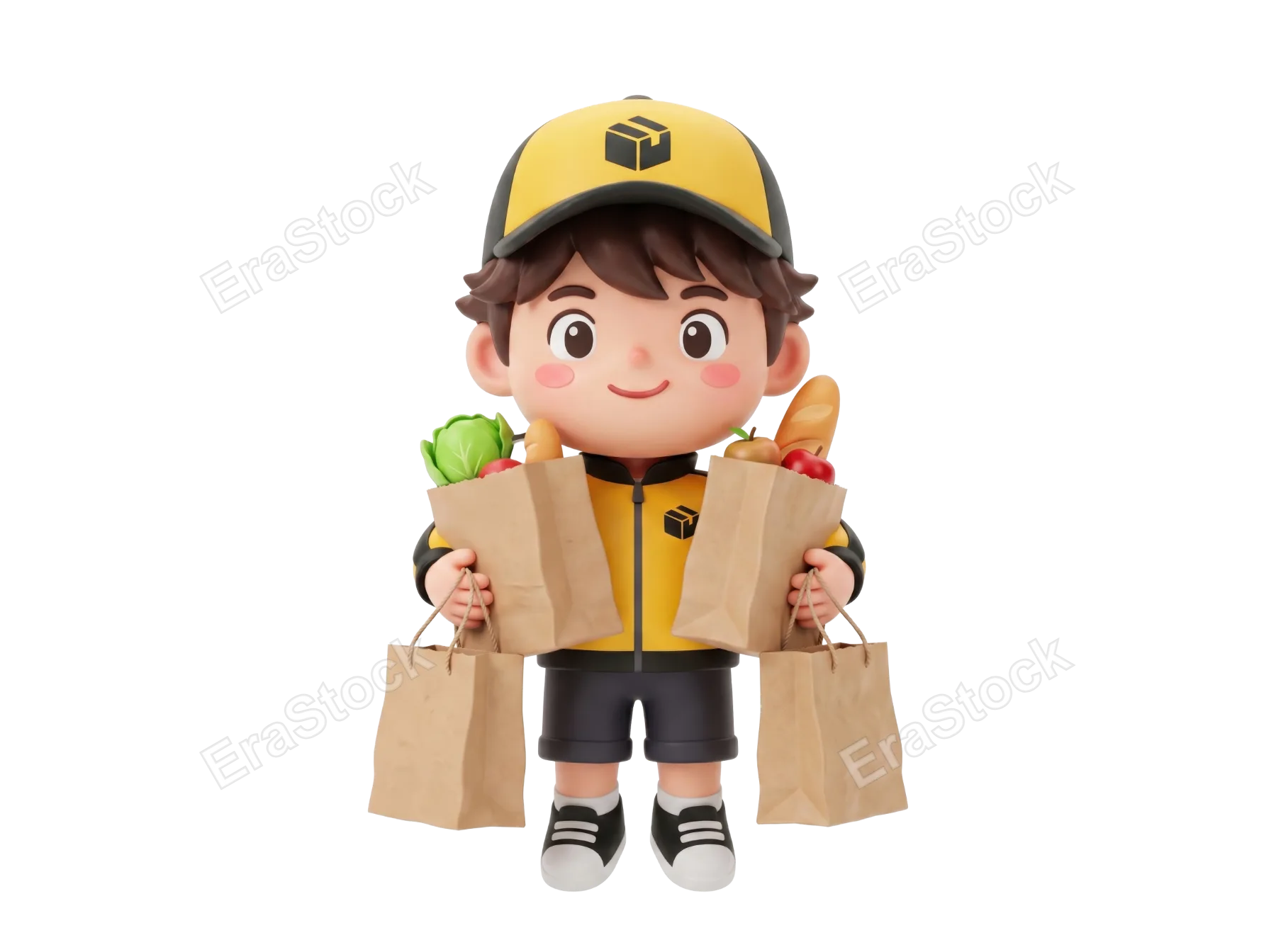 A cheerful 3D animated delivery person wearing a yellow uniform and cap carries paper bags filled with groceries and baked goods
