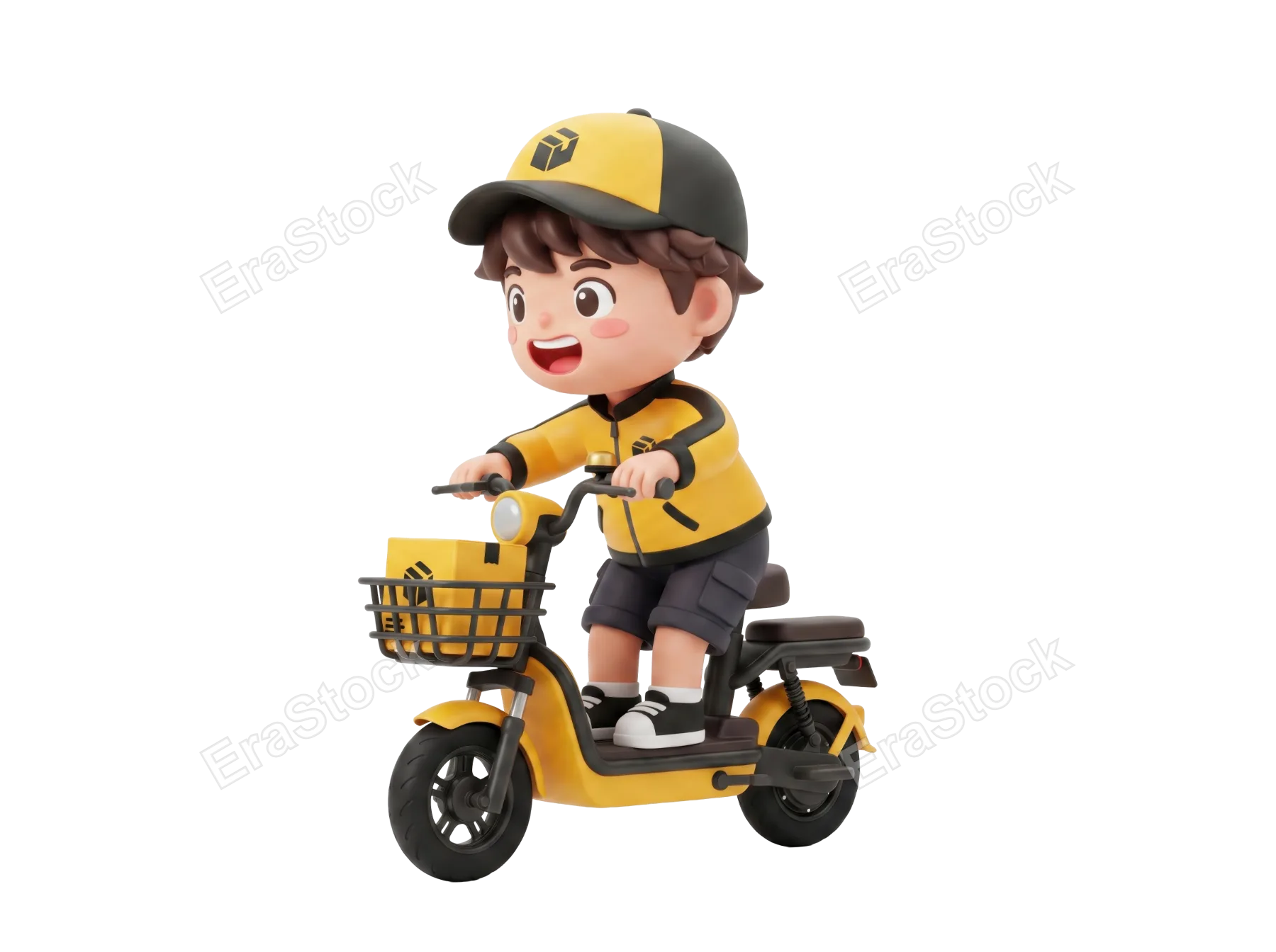 A cheerful 3D animated courier character wearing a yellow jacket and cap rides a bright yellow scooter with a package in the front basket