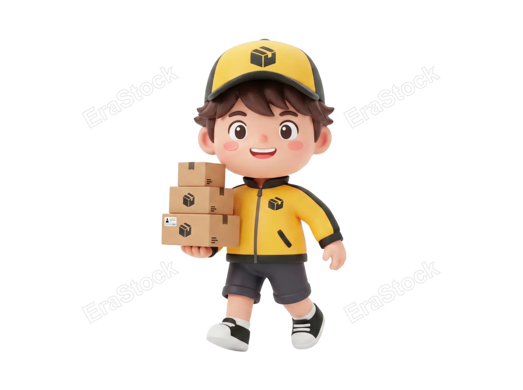 A cheerful 3D animated delivery person in a yellow uniform and cap carries packages, representing logistics and shipping services