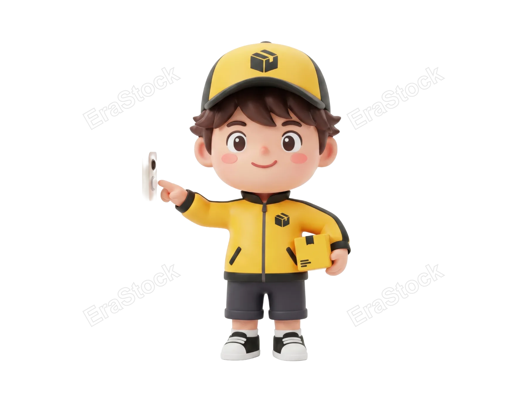 A cheerful 3D animated delivery person in uniform rings a doorbell while holding a small parcel, ready for service