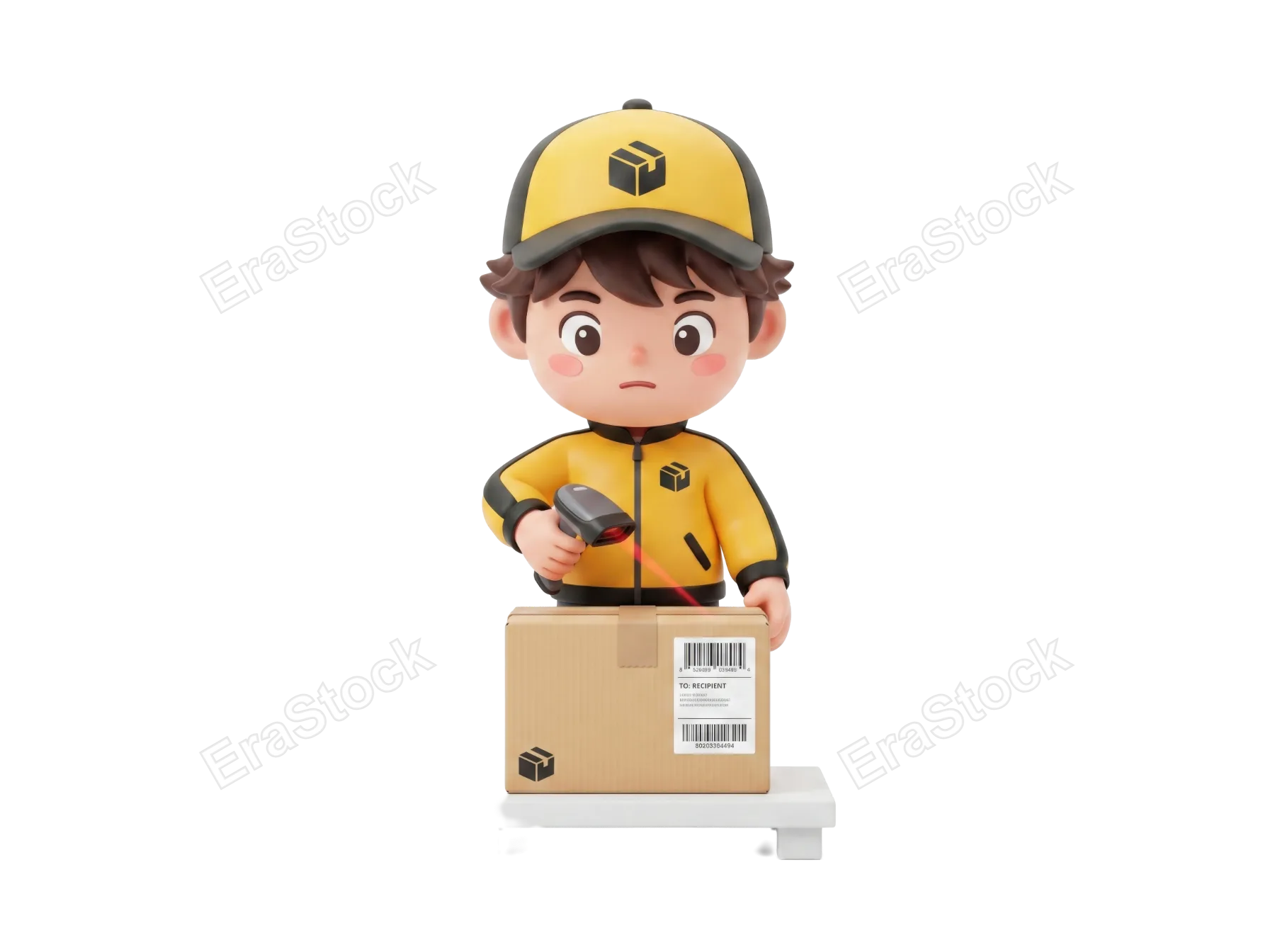 A cute 3D animated courier character in a yellow uniform scans a cardboard box with a barcode using a red laser scanner