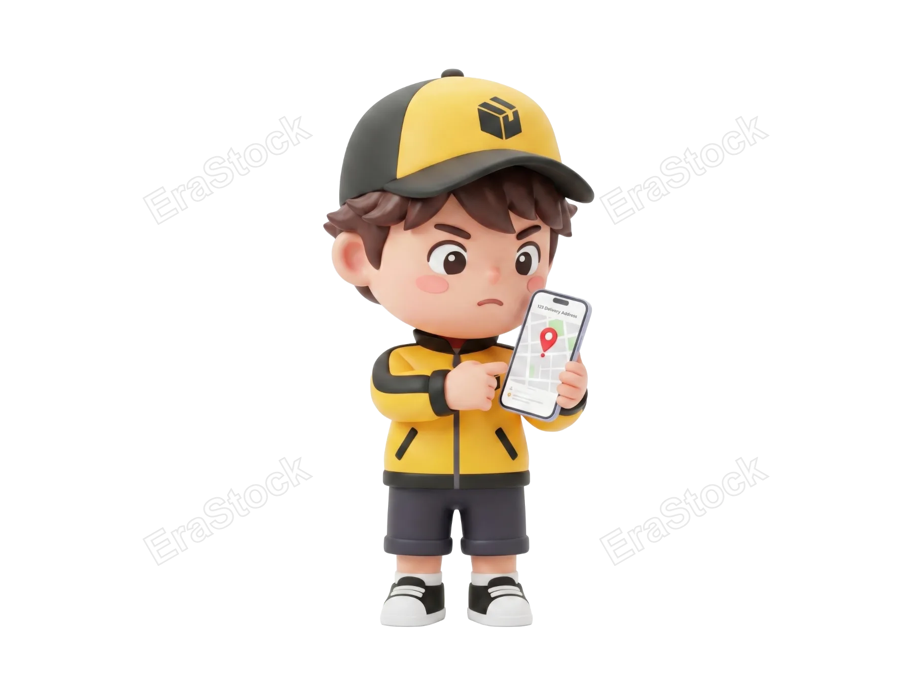 A confused 3D cartoon delivery person wearing a yellow jacket and cap consults a mobile phone displaying a map with a pin