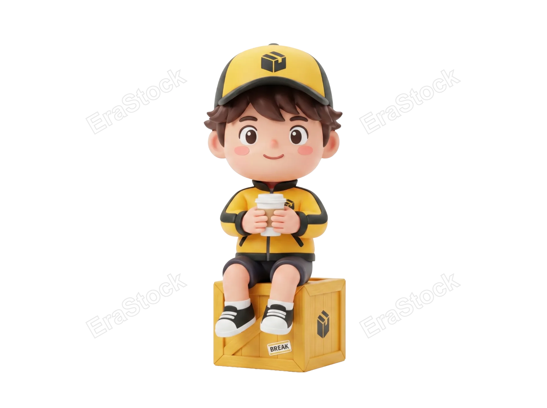 A charming 3D courier character wearing a yellow uniform and cap sits on a wooden crate, holding a coffee cup during a break