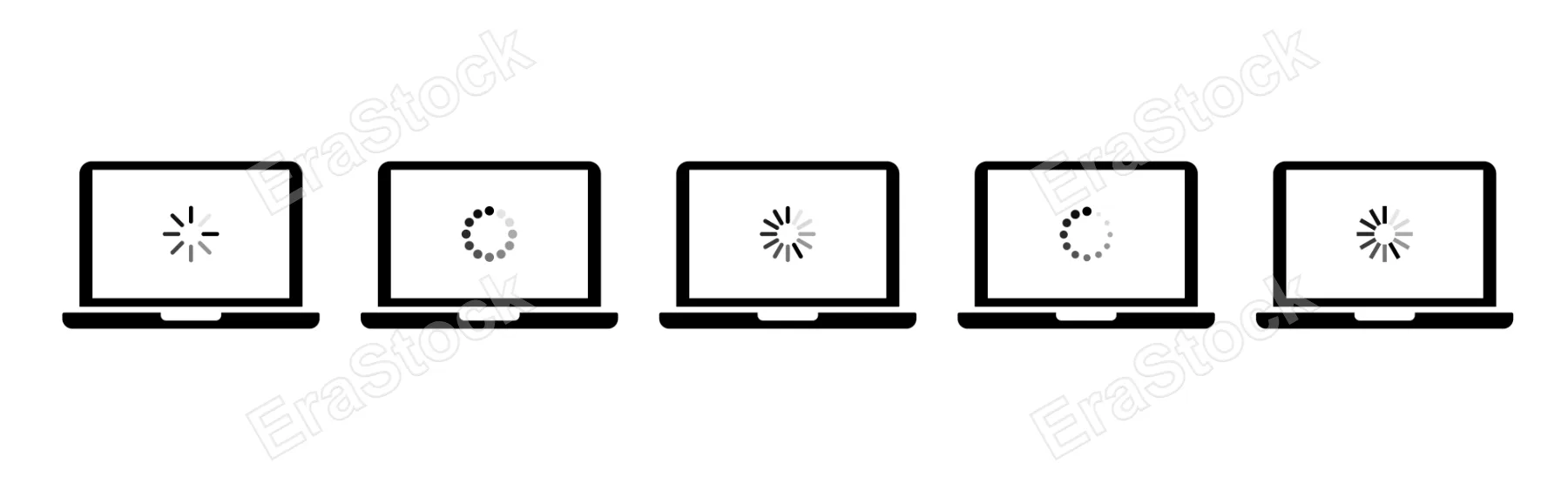 Laptop with loading icon set. Software update. Computer upgrade process concept. Vector line icon for Business and Advertising.