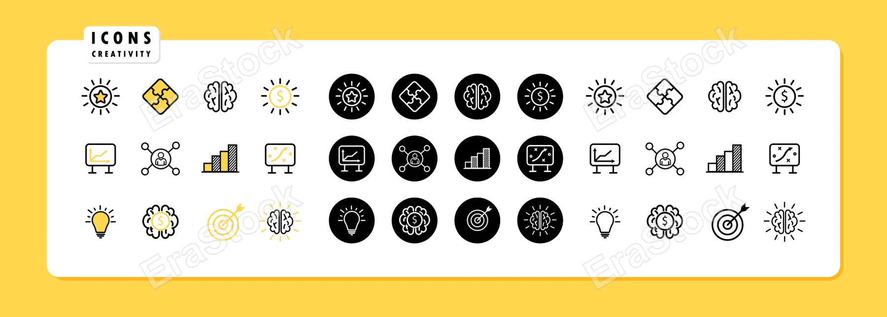Creativity icon set. Contains such Icons as Inspiration, Idea, Brain and more. Vector line icon for Business and Advertising.