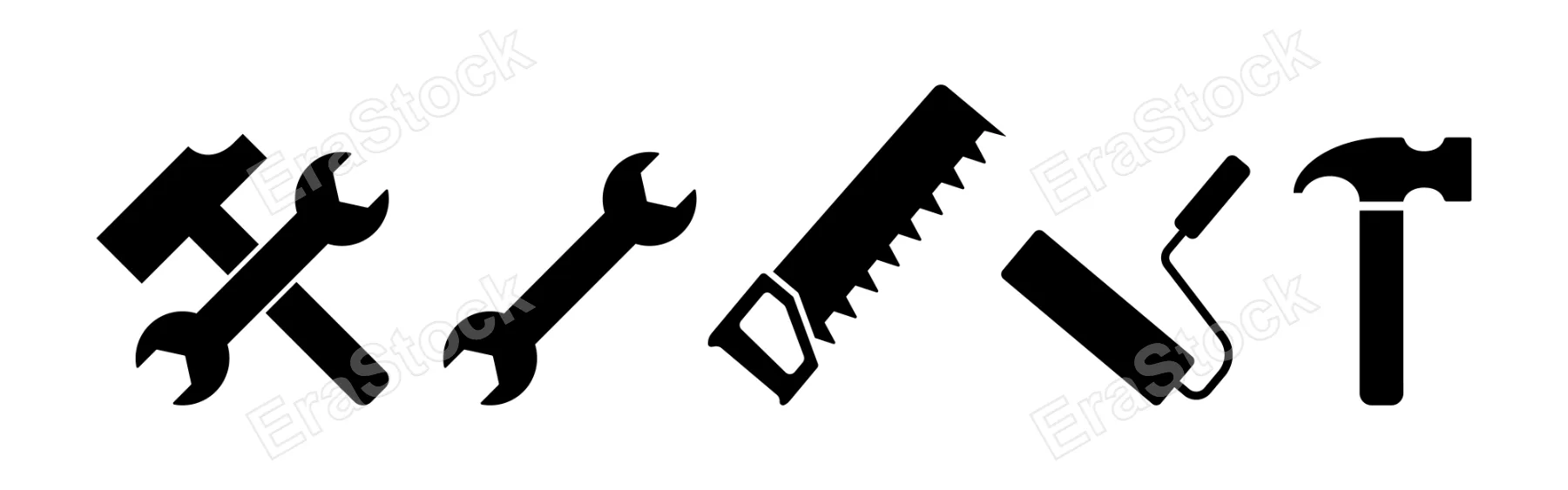 Instruments icon set. Hammer saw roller shovel. Vector line icon for Business and Advertising.